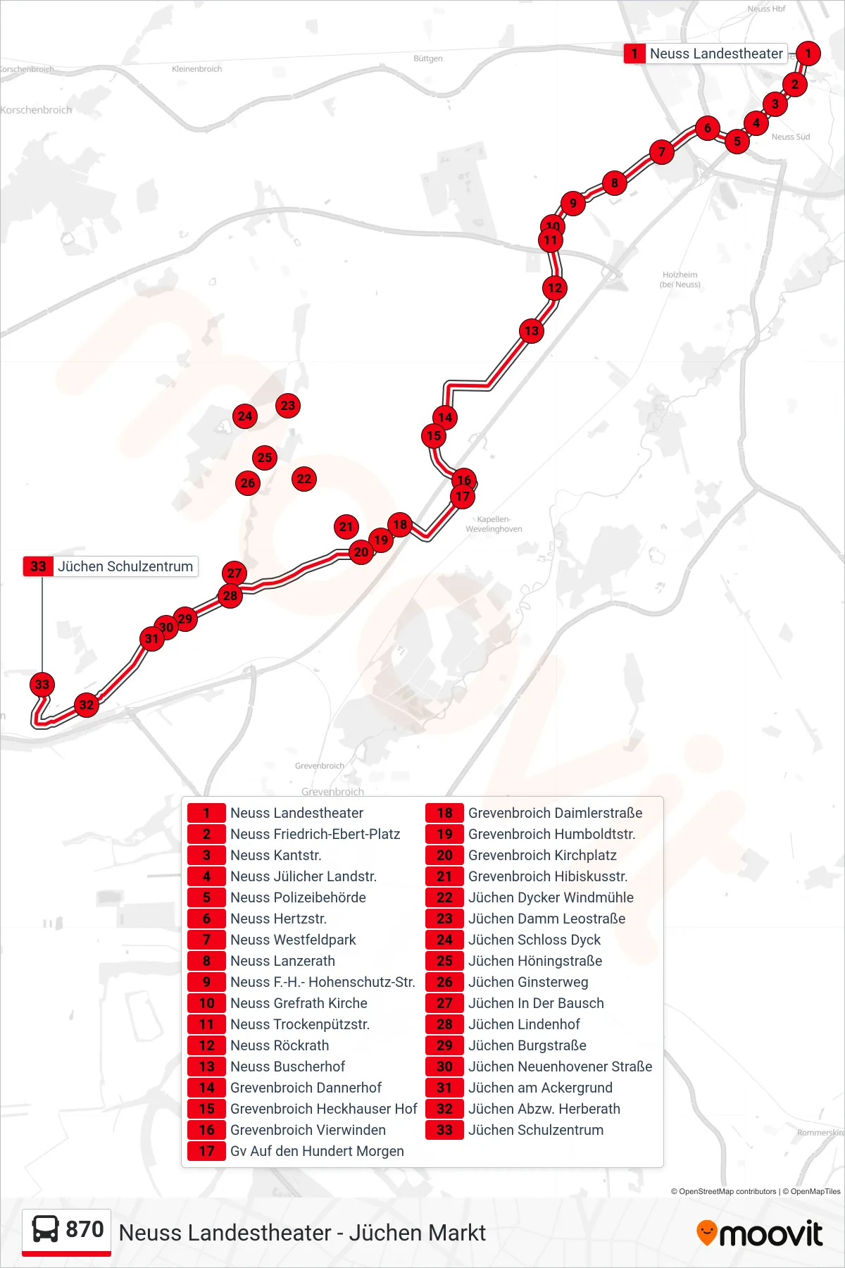 870 bus Line (Jüchen Schulzentrum) route and stops on a map
