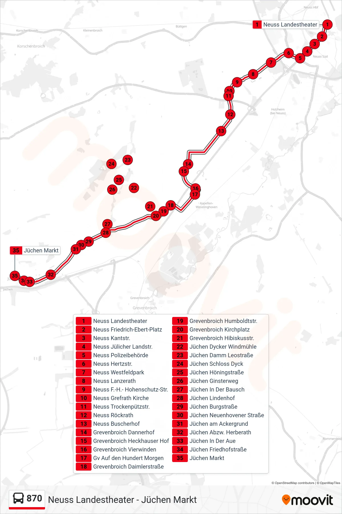 870 bus Line (Jüchen Markt) route and stops on a map