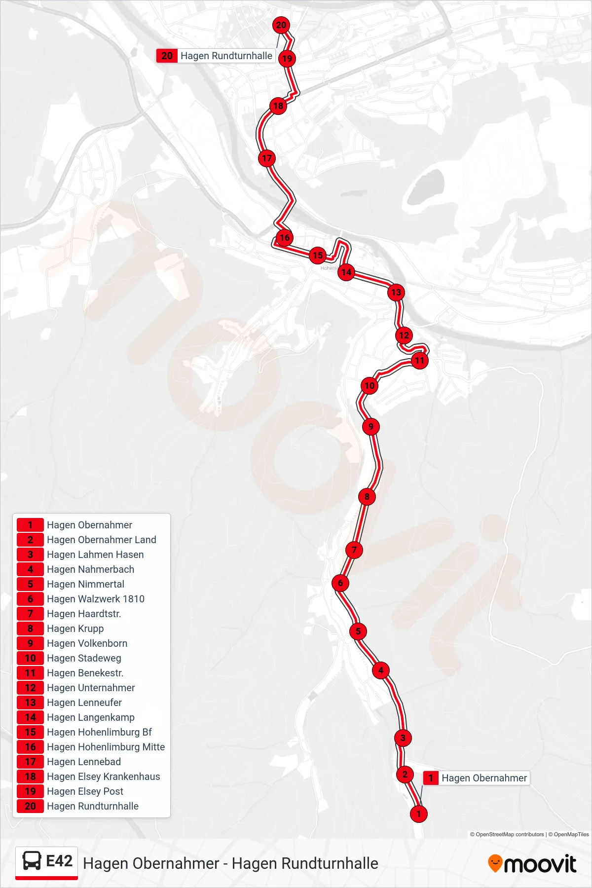 Linie E42 (Bus) Richtung Hagen Rundturnhalle: Route und Haltestellen auf der Karte