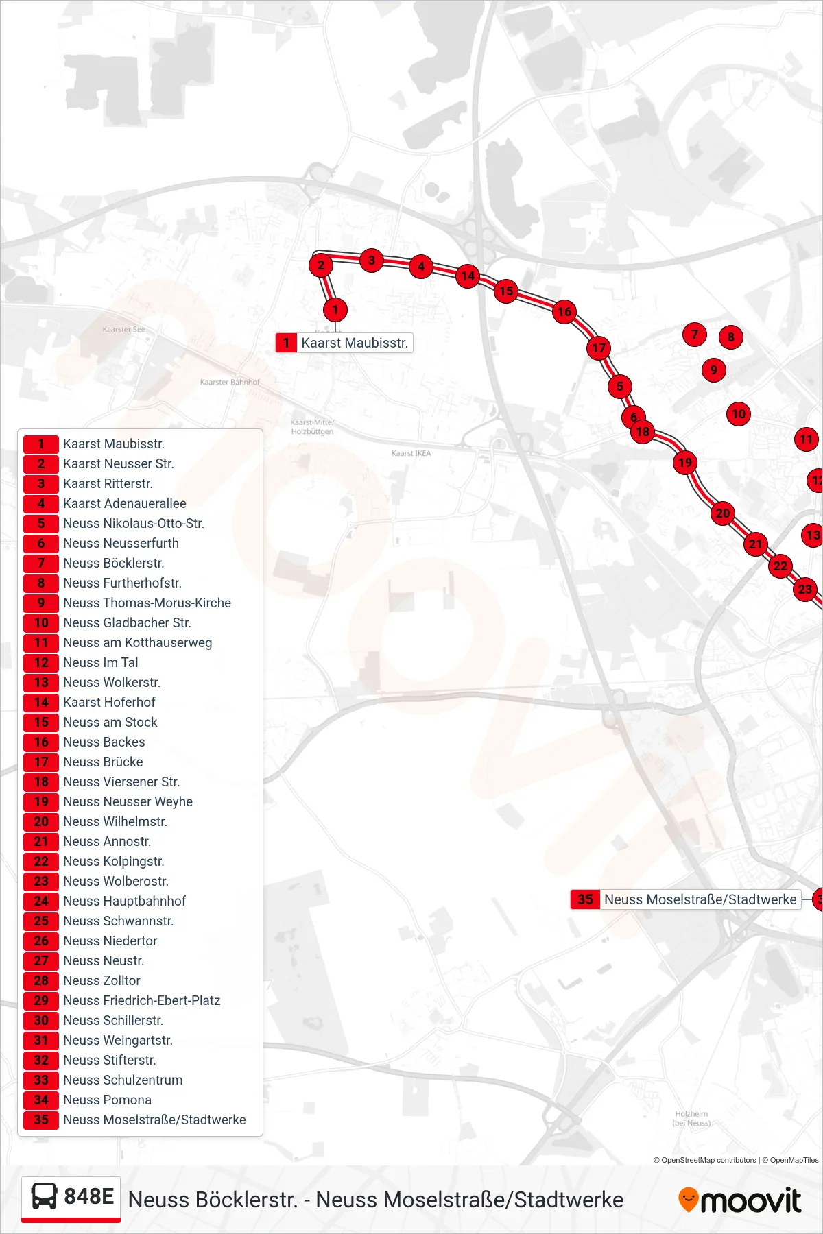 Linie 848E (Bus) Richtung Neuss Moselstraße/Stadtwerke: Route und Haltestellen auf der Karte