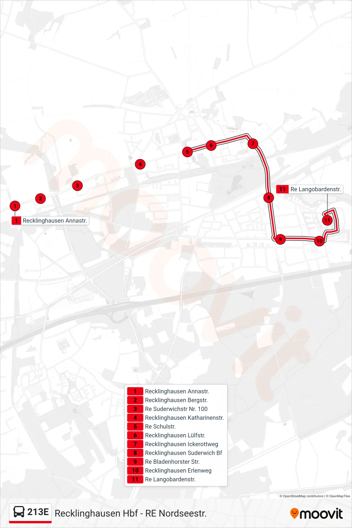 213E bus Line (Re Langobardenstr.) route and stops on a map