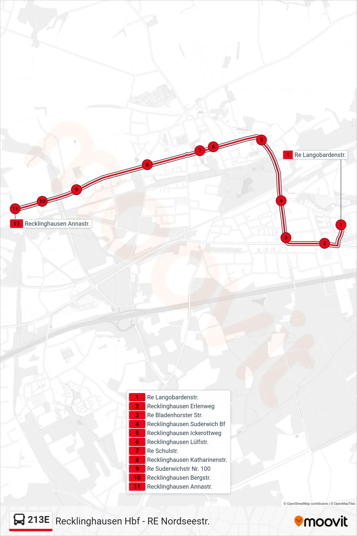 213E bus Line (Recklinghausen Annastr.) route and stops on a map
