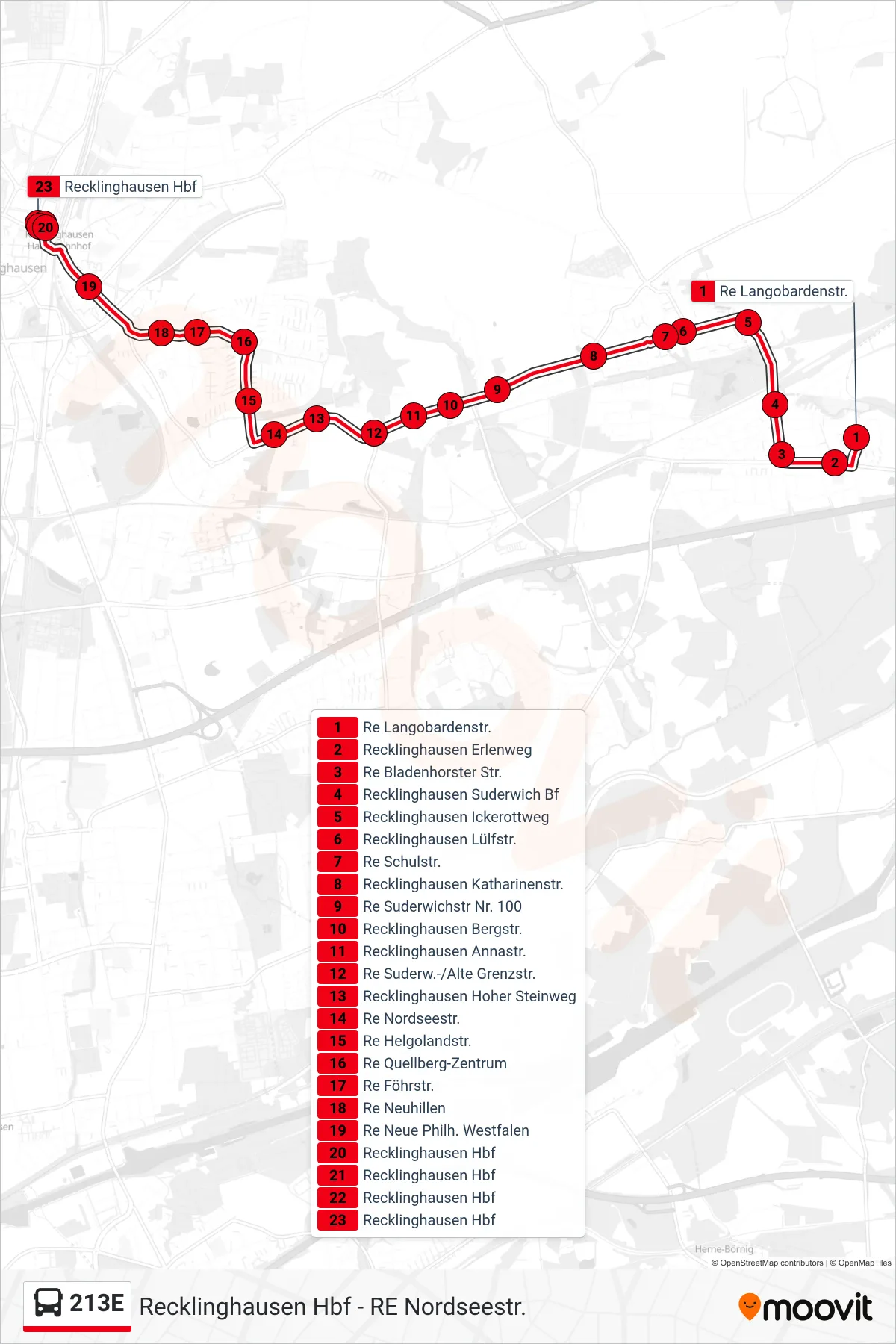 213E bus Line (Recklinghausen Hbf) route and stops on a map