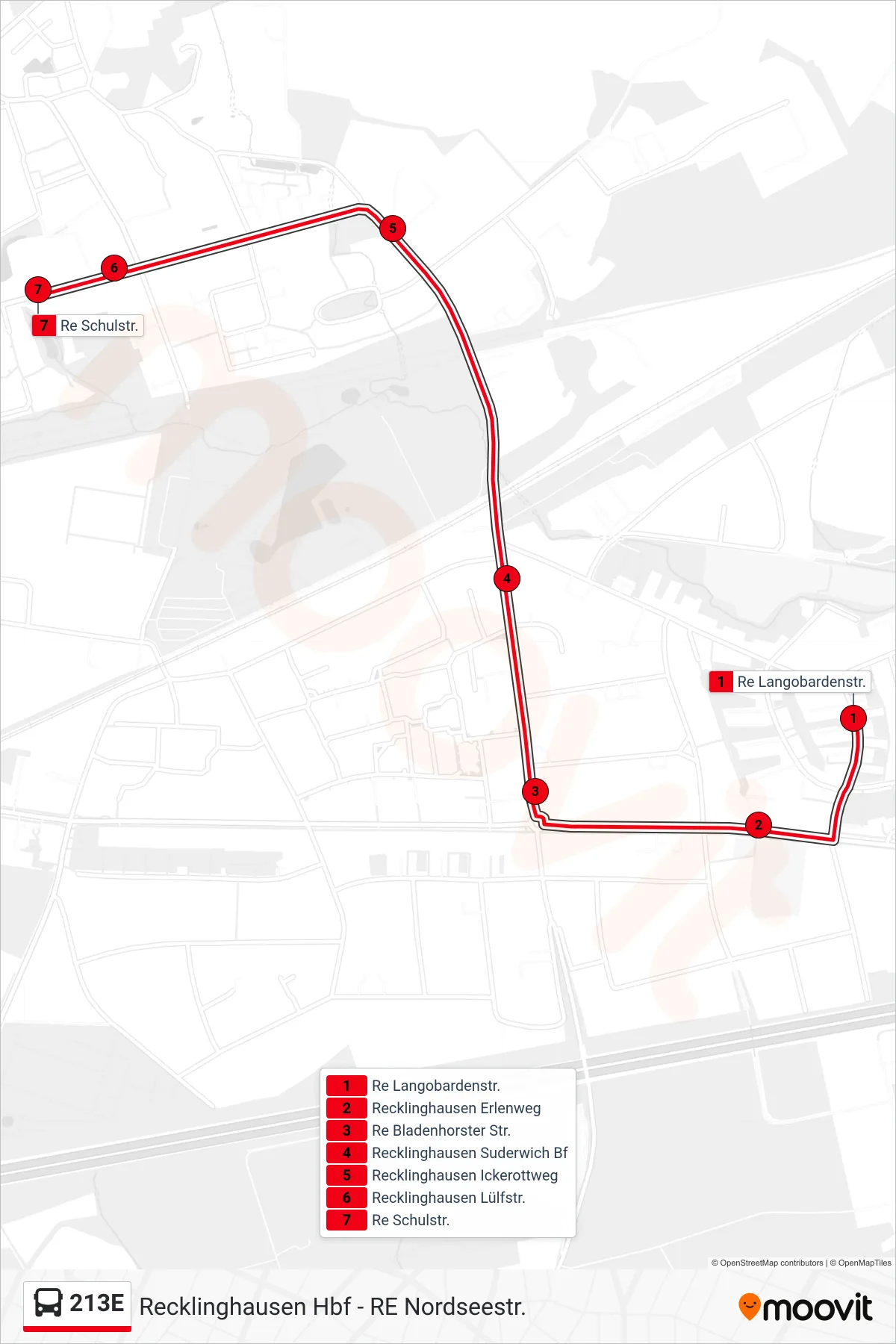213E bus Line (Re Schulstr.) route and stops on a map
