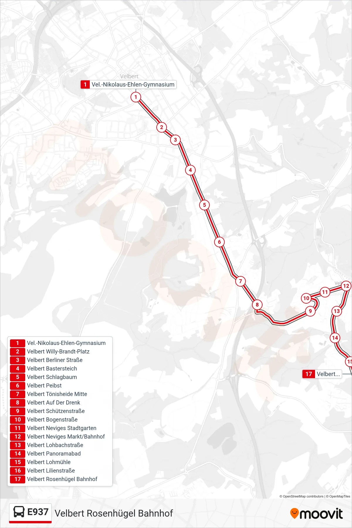 Linie E937 (Bus) Richtung Velbert Rosenhügel Bahnhof: Route und Haltestellen auf der Karte