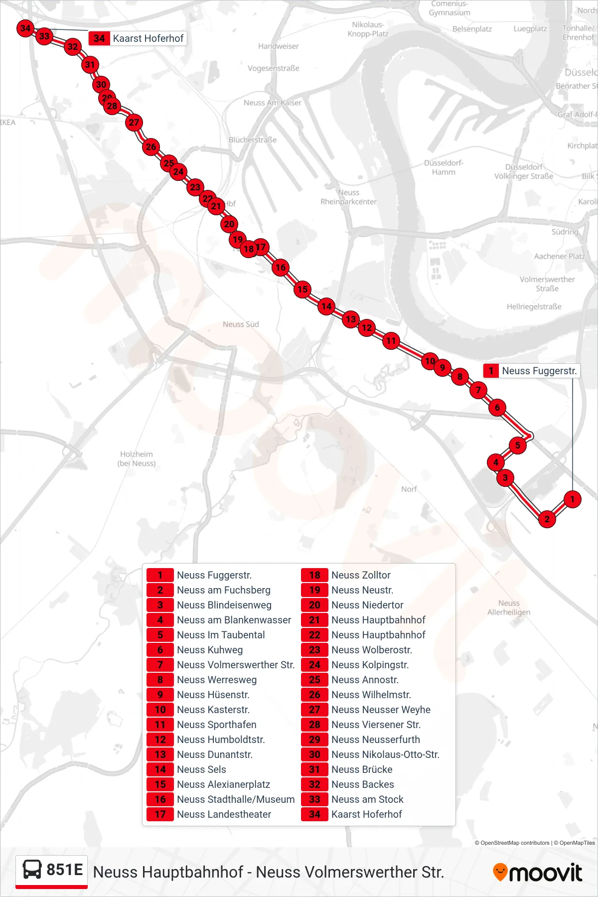 Linie 851E (Bus) Richtung Kaarst Hoferhof: Route und Haltestellen auf der Karte