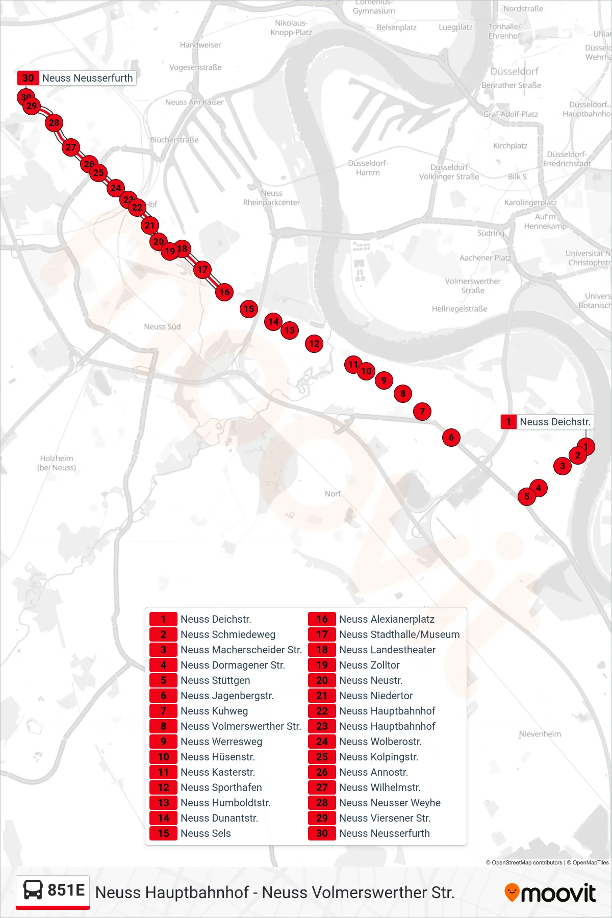 Linie 851E (Bus) Richtung Neuss Neusserfurth: Route und Haltestellen auf der Karte
