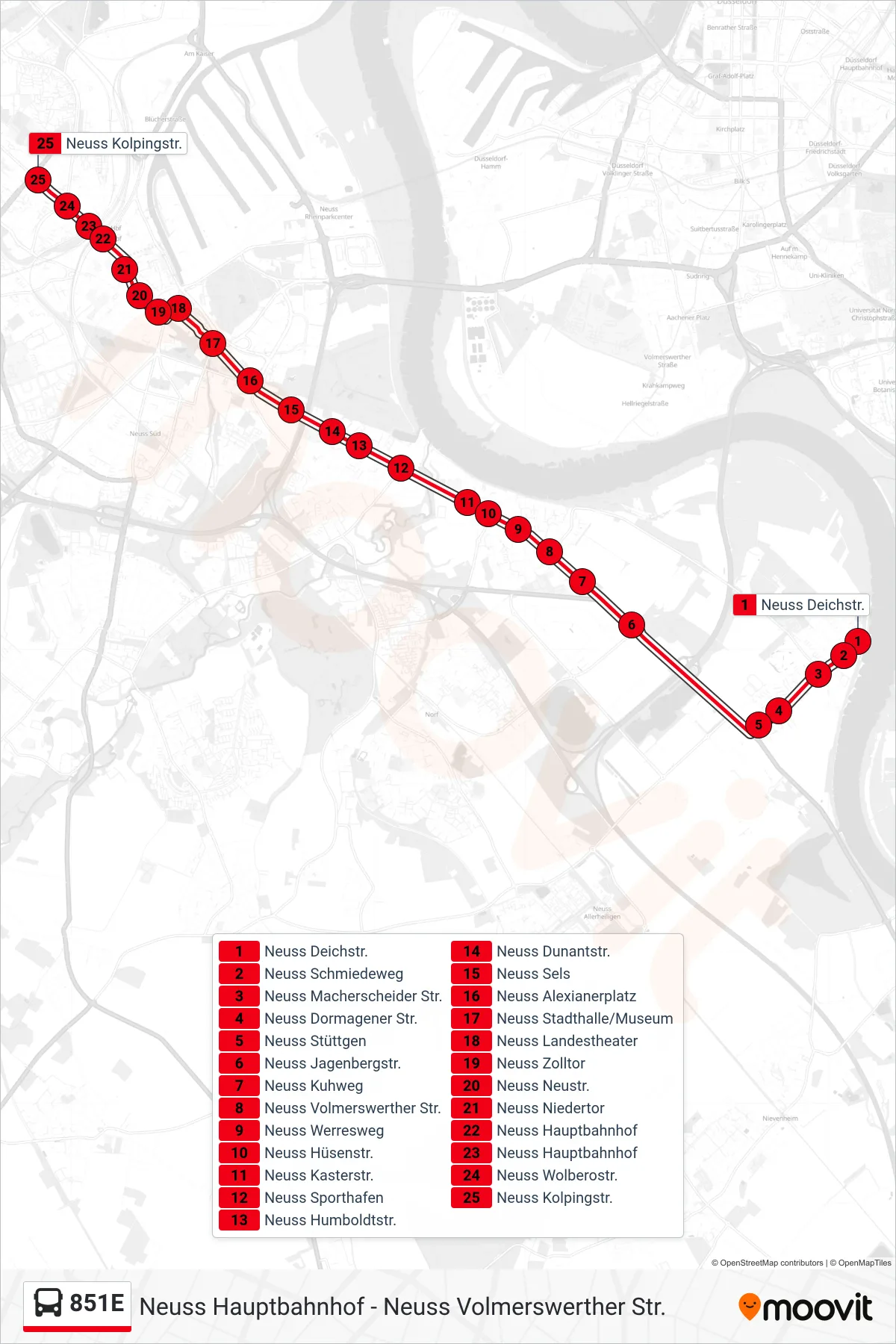 Linie 851E (Bus) Richtung Neuss Kolpingstr.: Route und Haltestellen auf der Karte