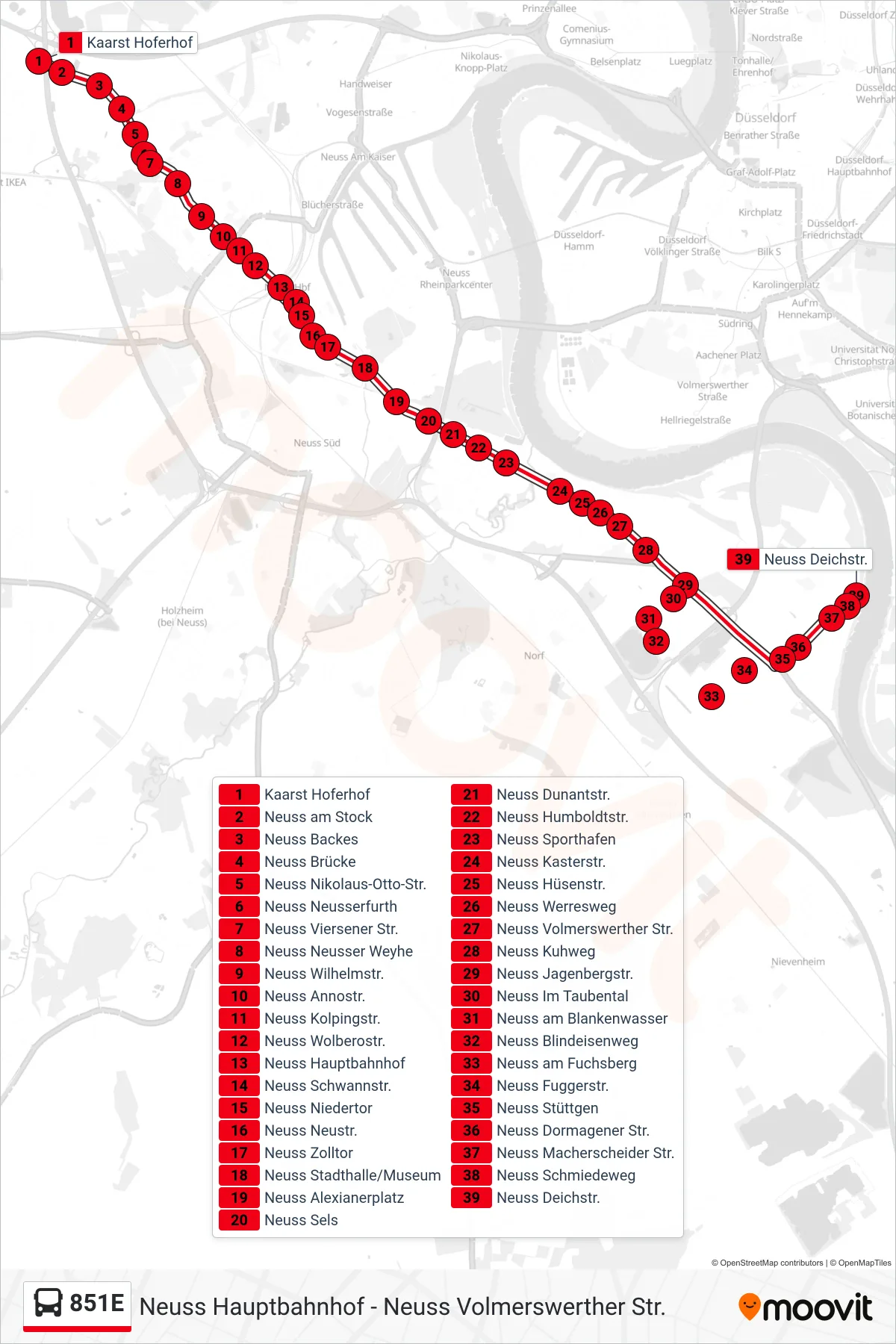 Linie 851E (Bus) Richtung Neuss Deichstr.: Route und Haltestellen auf der Karte