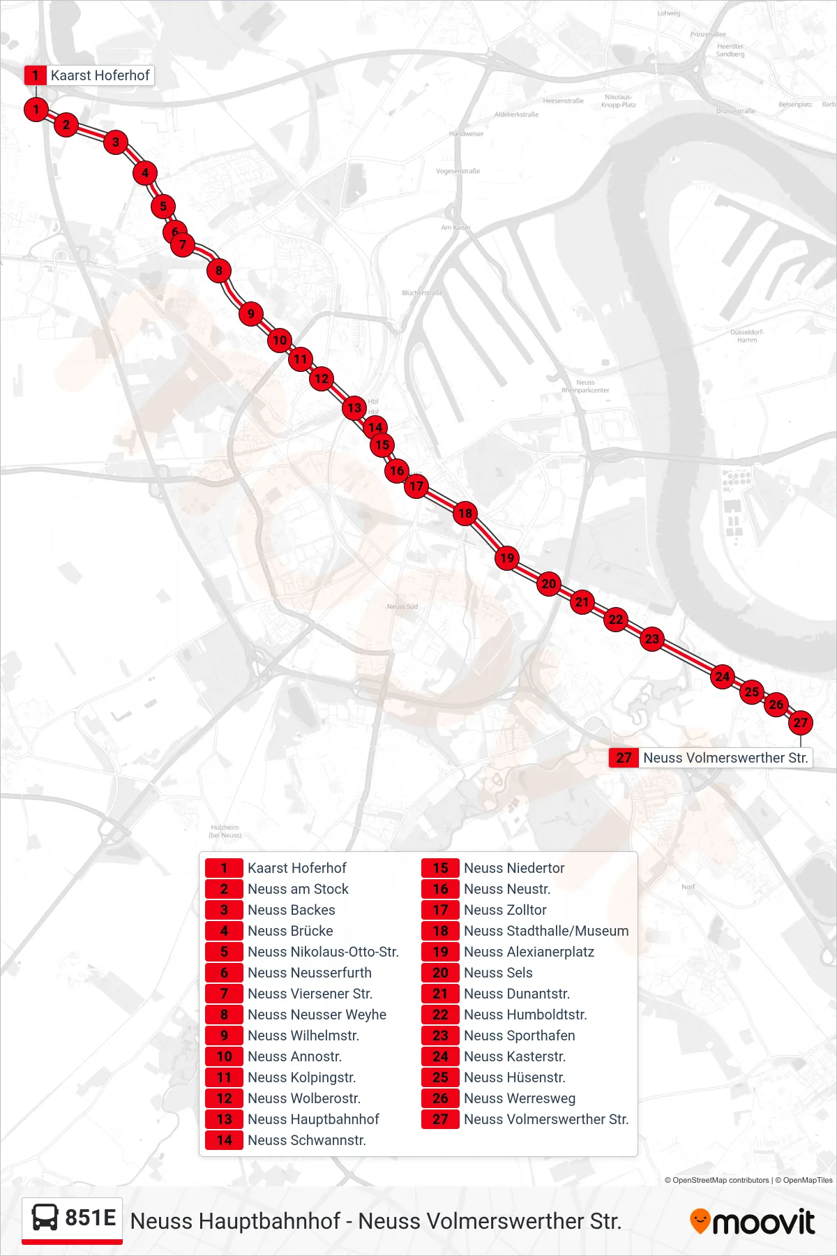 Linie 851E (Bus) Richtung Neuss Volmerswerther Str.: Route und Haltestellen auf der Karte
