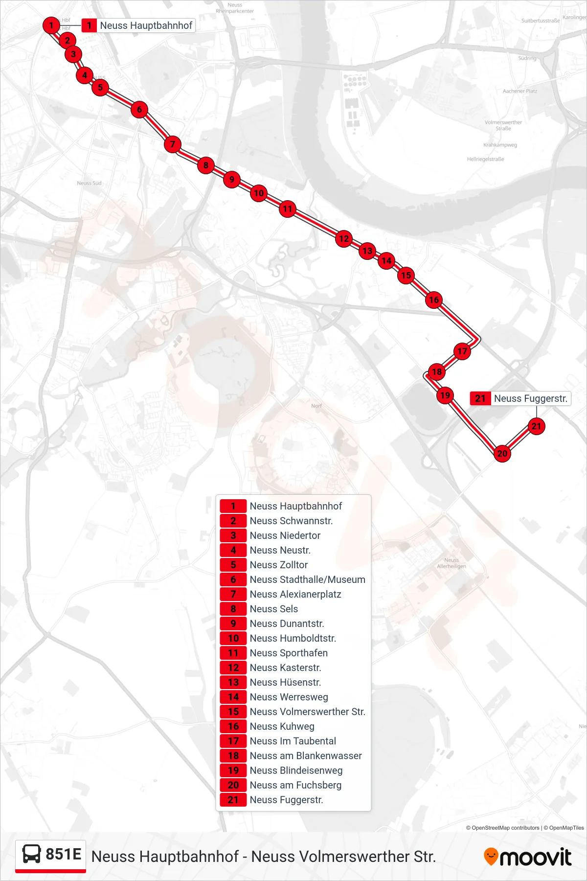 Linie 851E (Bus) Richtung Neuss Fuggerstr.: Route und Haltestellen auf der Karte