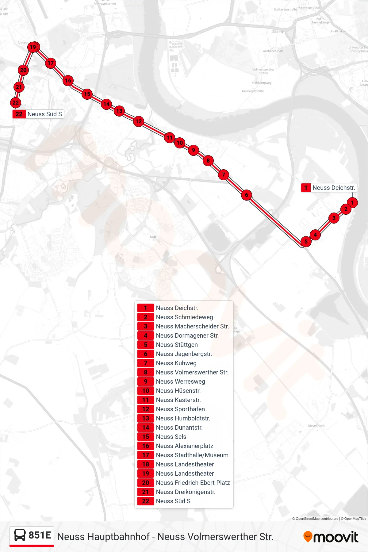 Linie 851E (Bus) Richtung Neuss Süd S: Route und Haltestellen auf der Karte