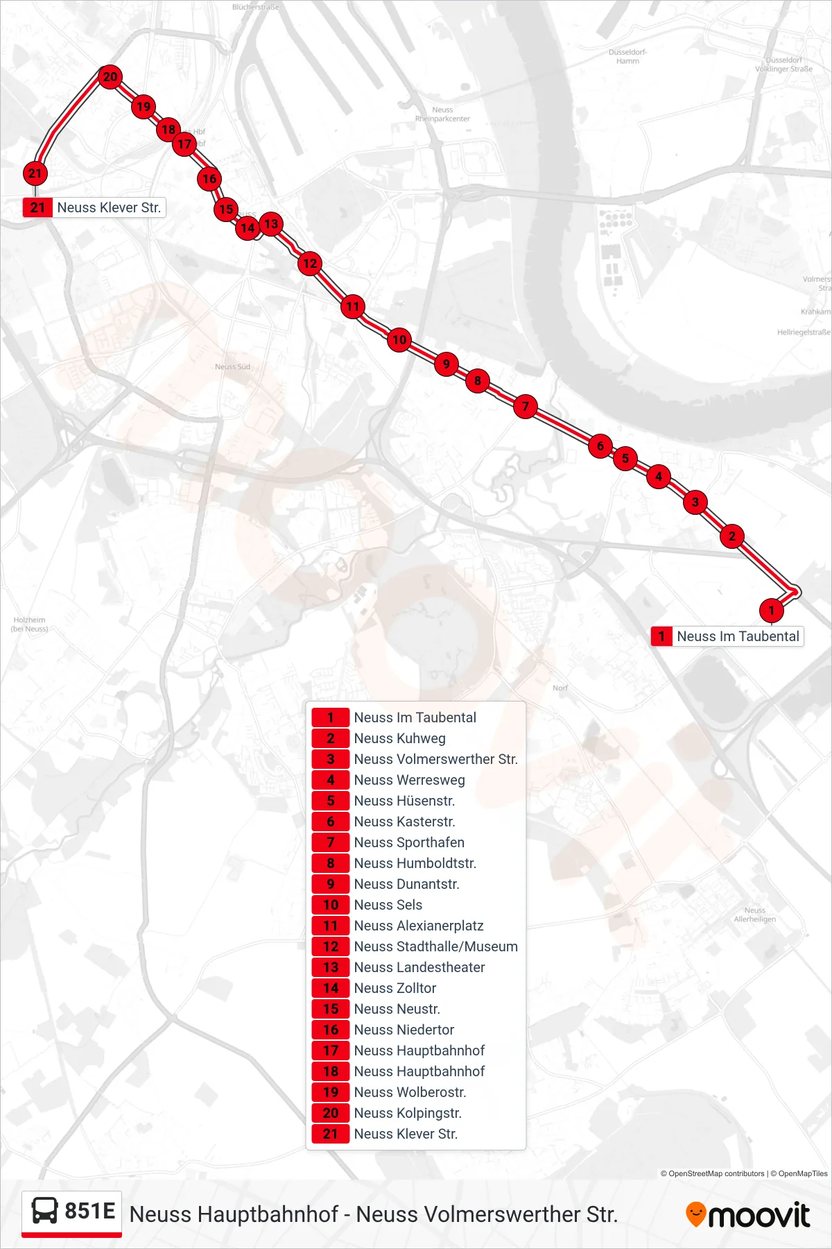 Linie 851E (Bus) Richtung Neuss Klever Str.: Route und Haltestellen auf der Karte