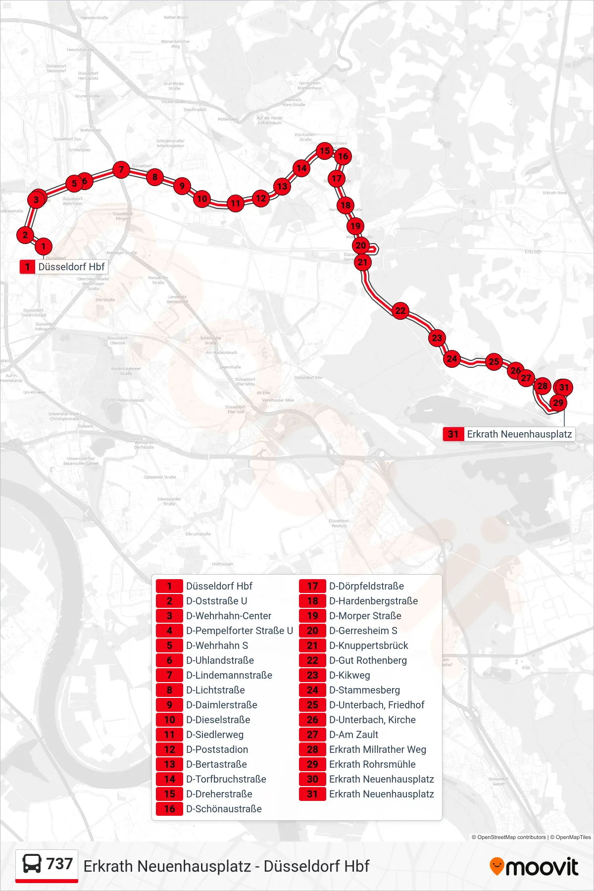 Linie 737 (Bus) Richtung Erkrath Neuenhausplatz: Route und Haltestellen auf der Karte
