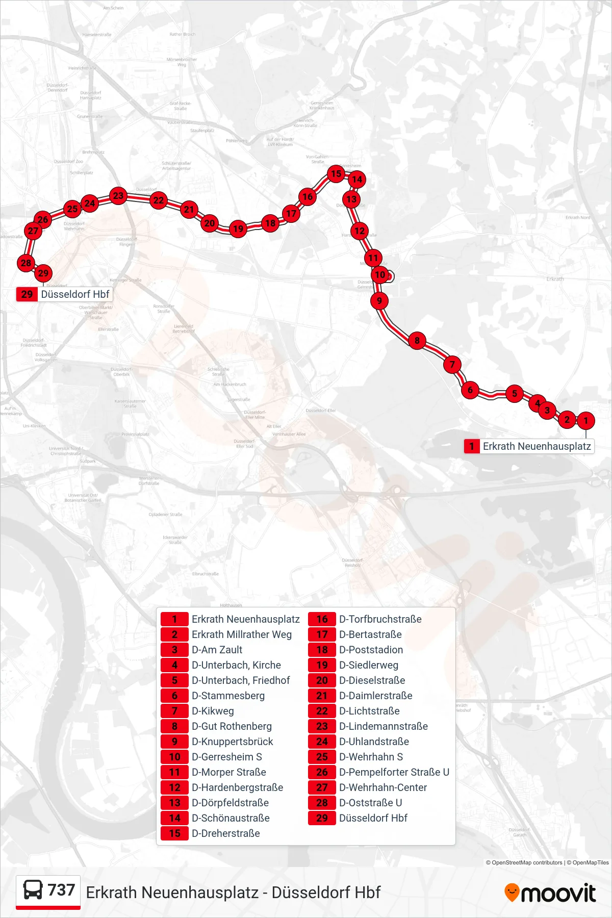 Linie 737 (Bus) Richtung Düsseldorf Hbf: Route und Haltestellen auf der Karte