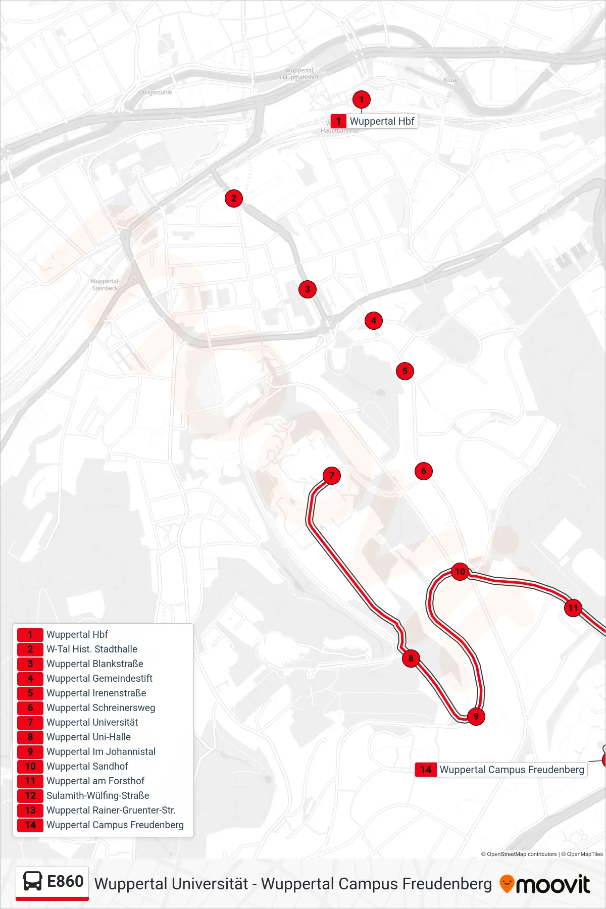 Linie E860 (Bus) Richtung Wuppertal Campus Freudenberg: Route und Haltestellen auf der Karte
