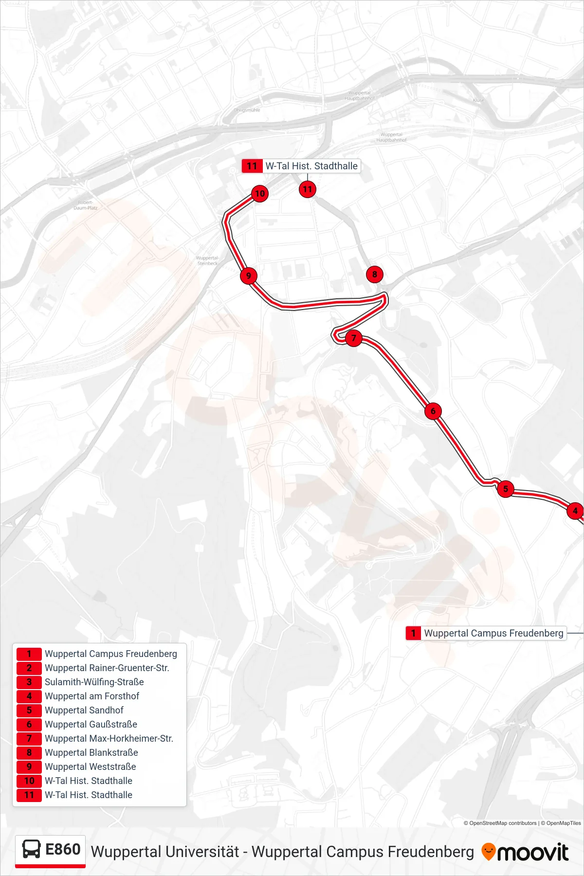 Linie E860 (Bus) Richtung W-Tal Hist. Stadthalle: Route und Haltestellen auf der Karte