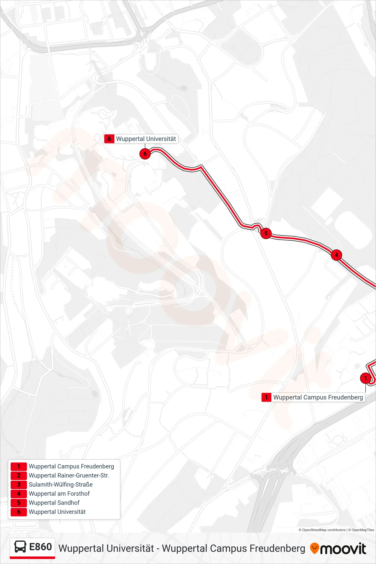 Linie E860 (Bus) Richtung Wuppertal Universität: Route und Haltestellen auf der Karte