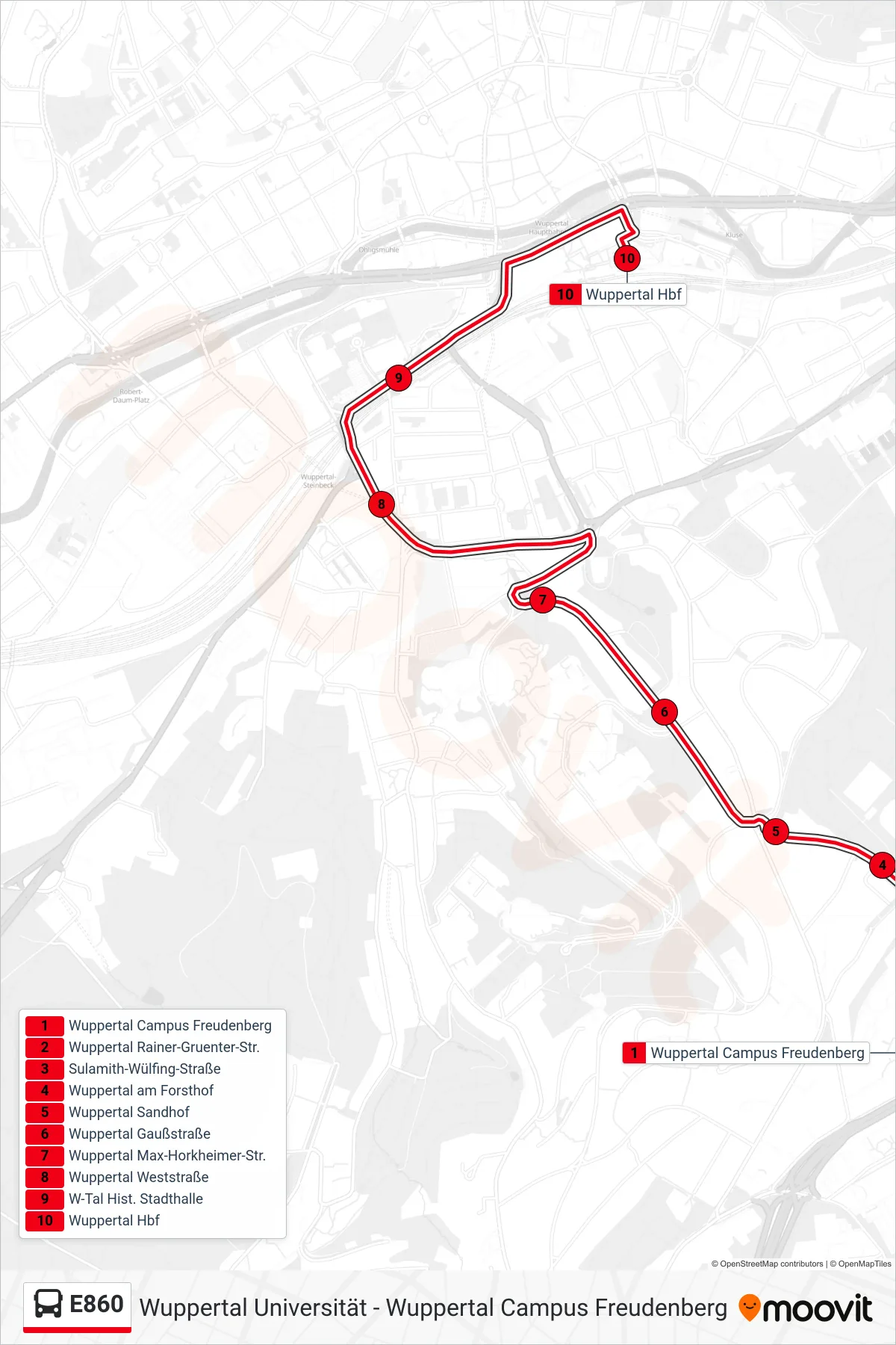 Linie E860 (Bus) Richtung Wuppertal Hbf: Route und Haltestellen auf der Karte