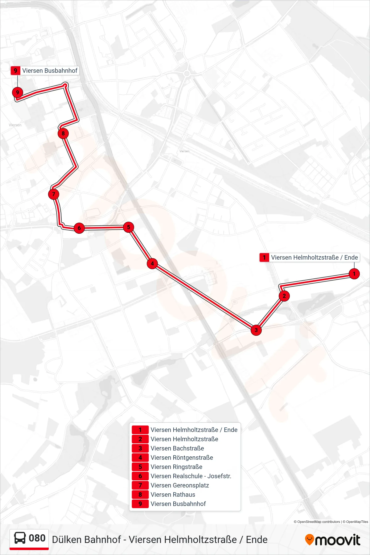 Linie 080 (Bus) Richtung Viersen Busbahnhof: Route und Haltestellen auf der Karte