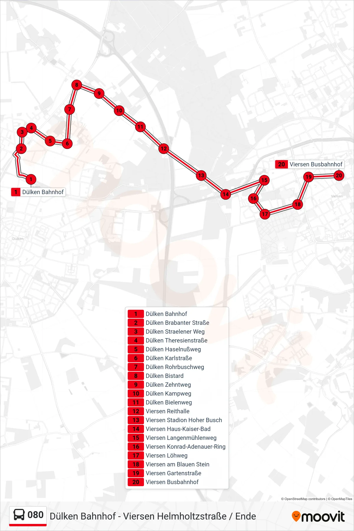 Linie 080 (Bus) Richtung Viersen Busbahnhof: Route und Haltestellen auf der Karte