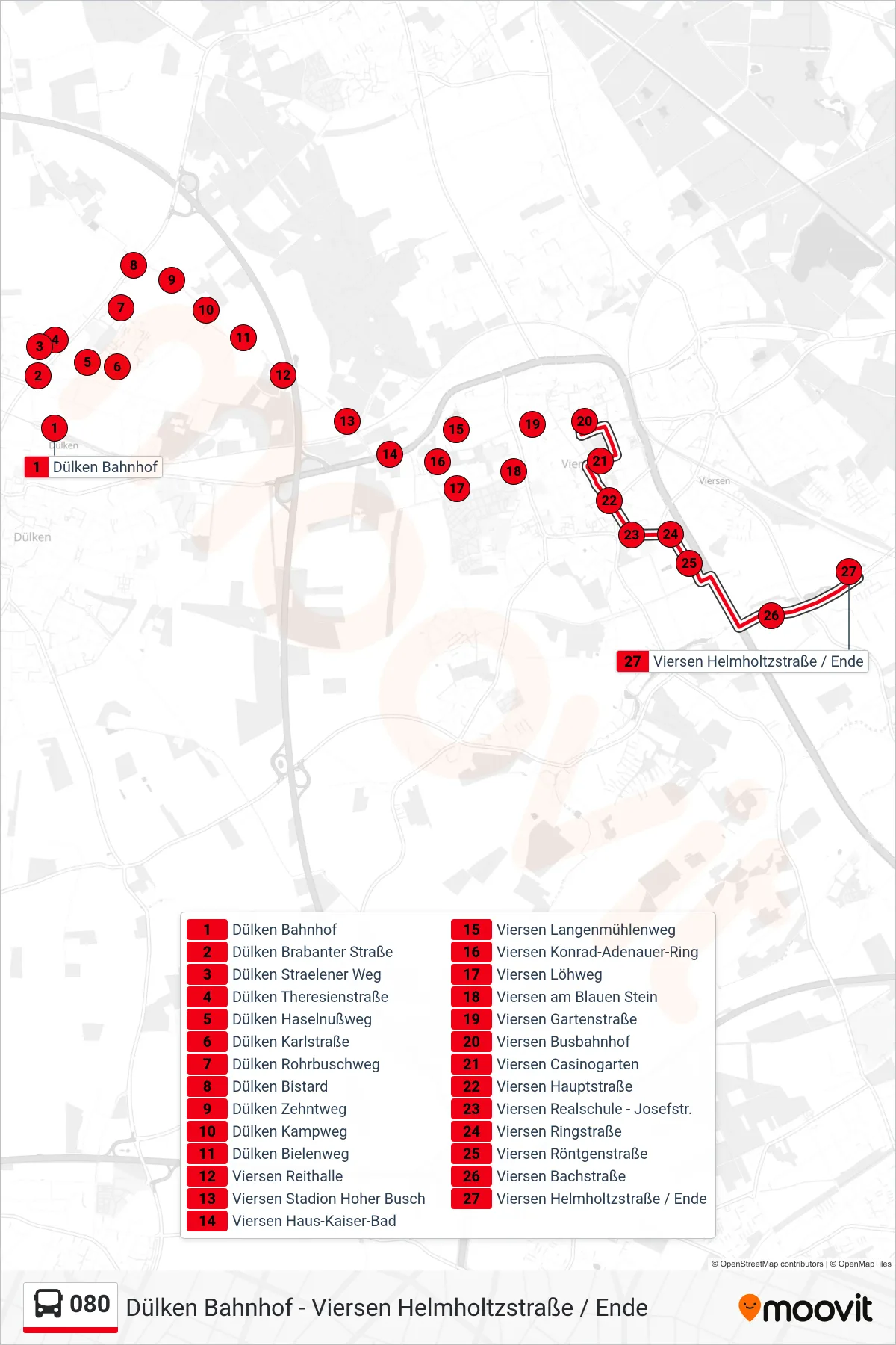 Linie 080 (Bus) Richtung Viersen Helmholtzstraße / Ende: Route und Haltestellen auf der Karte