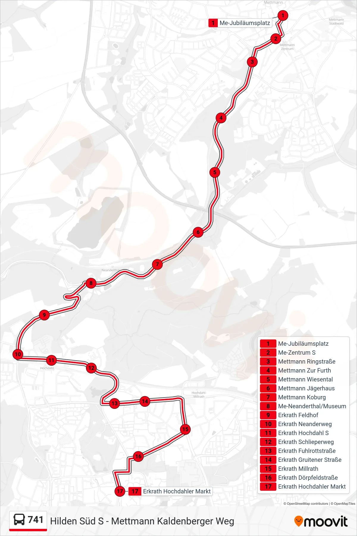 Linie 741 (Bus) Richtung Erkrath Hochdahler Markt: Route und Haltestellen auf der Karte