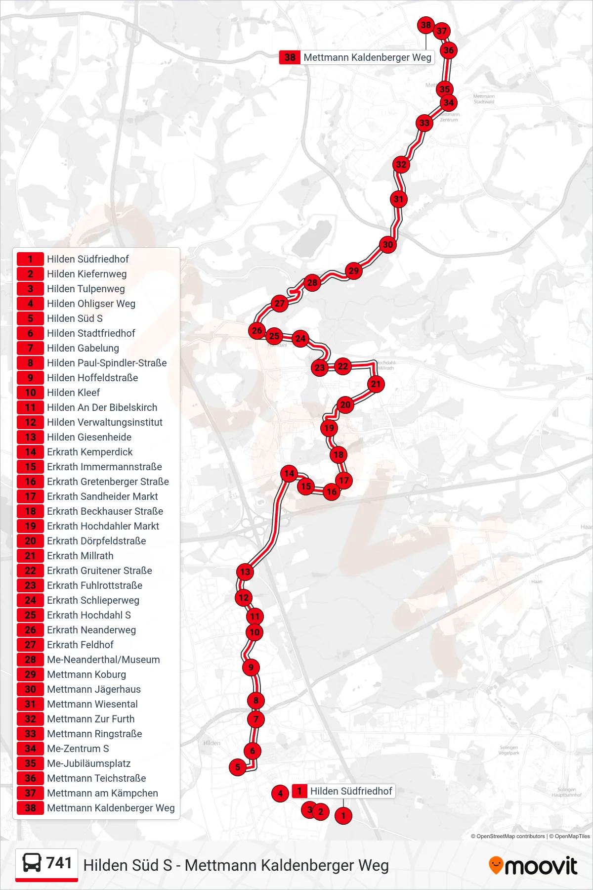 Linie 741 (Bus) Richtung Mettmann Kaldenberger Weg: Route und Haltestellen auf der Karte