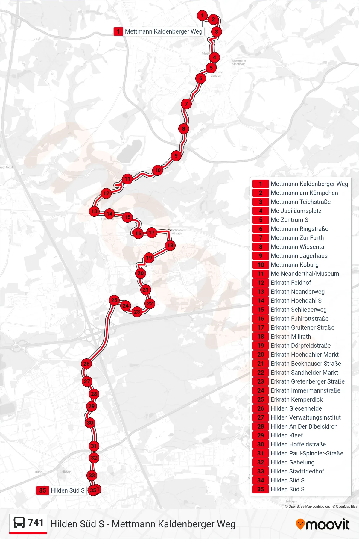 Linie 741 (Bus) Richtung Hilden Süd S: Route und Haltestellen auf der Karte
