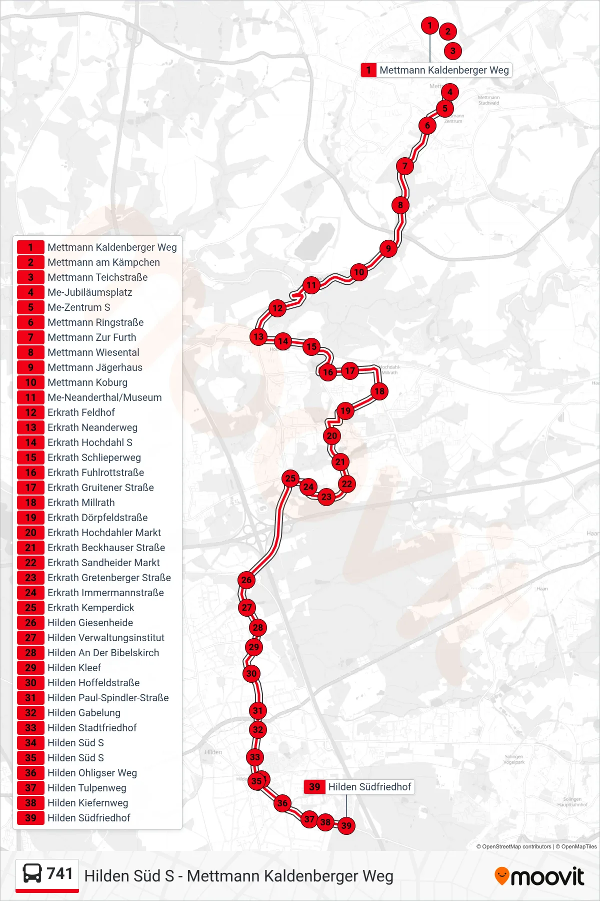 Linie 741 (Bus) Richtung Hilden Südfriedhof: Route und Haltestellen auf der Karte