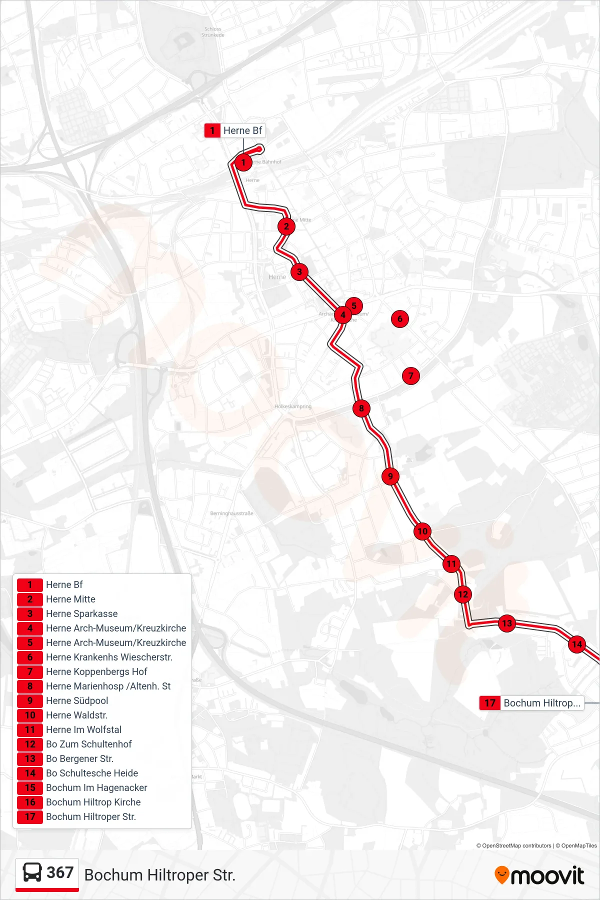 Linie 367 (Bus) Richtung Bochum Hiltroper Str.: Route und Haltestellen auf der Karte