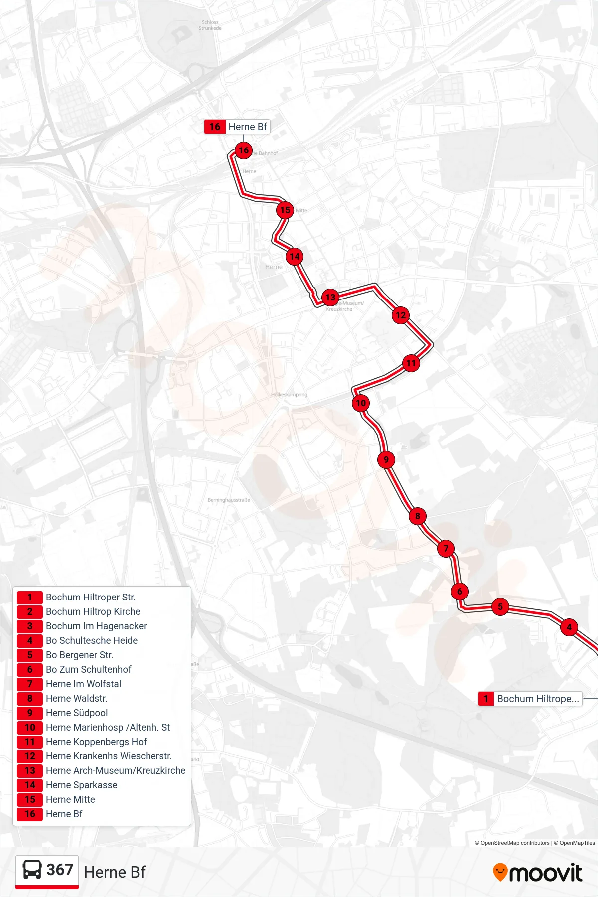 Linie 367 (Bus) Richtung Herne Bf: Route und Haltestellen auf der Karte