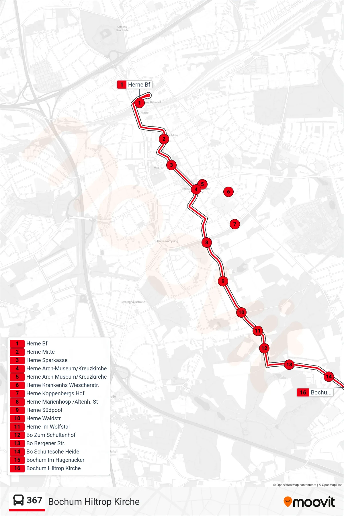 Linie 367 (Bus) Richtung Bochum Hiltrop Kirche: Route und Haltestellen auf der Karte