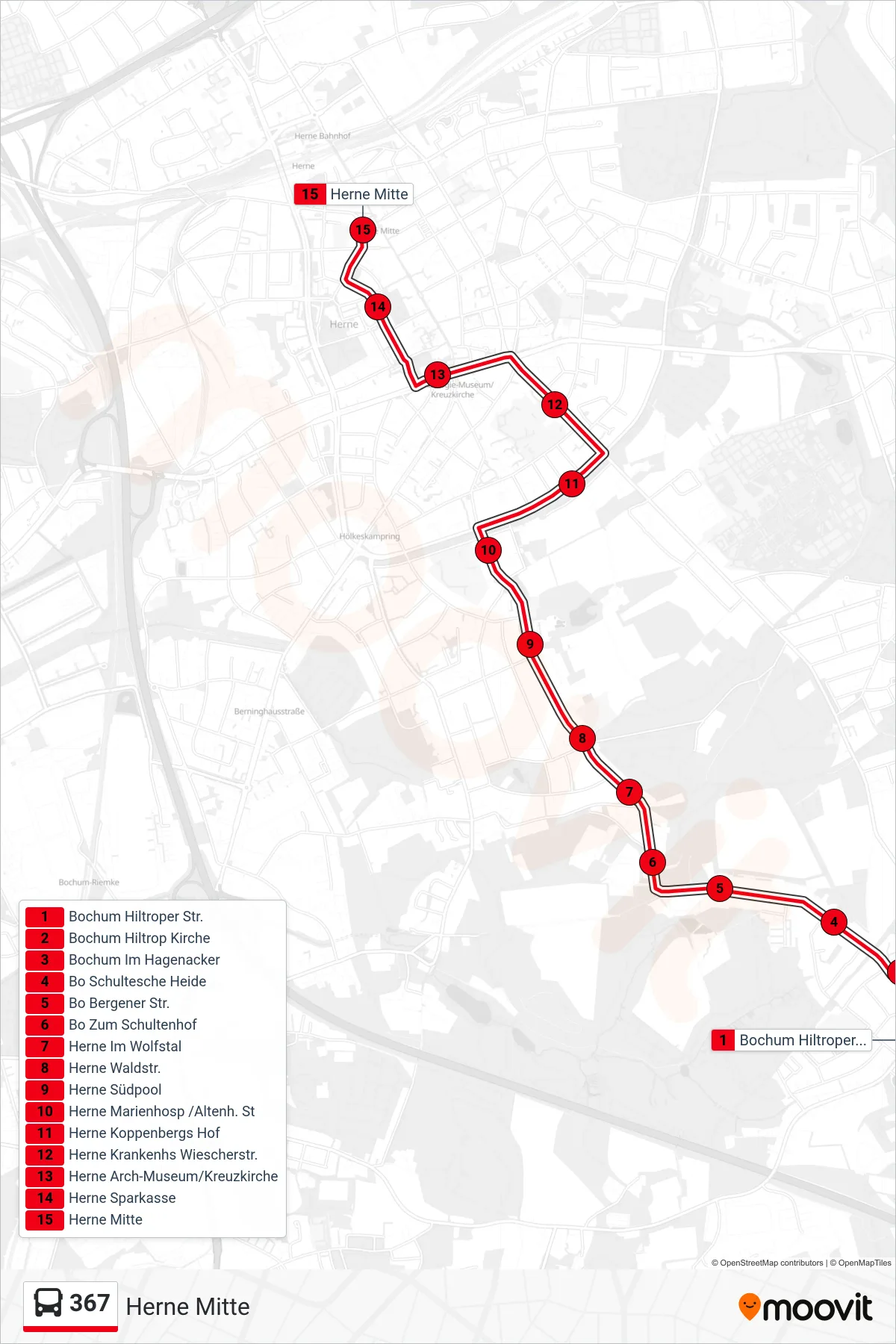 Linie 367 (Bus) Richtung Herne Mitte: Route und Haltestellen auf der Karte