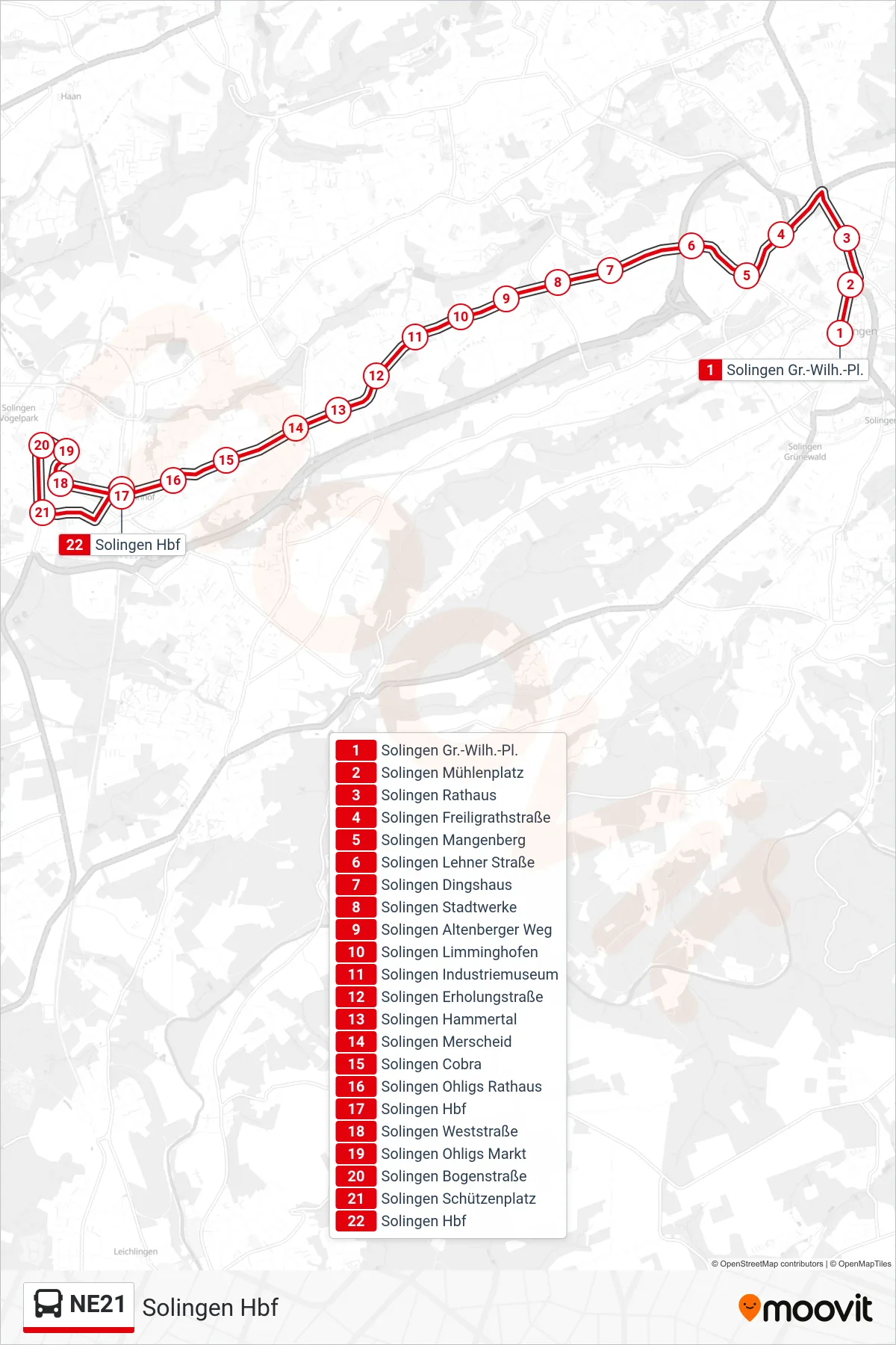 NE21 bus Line (Solingen Hbf) route and stops on a map