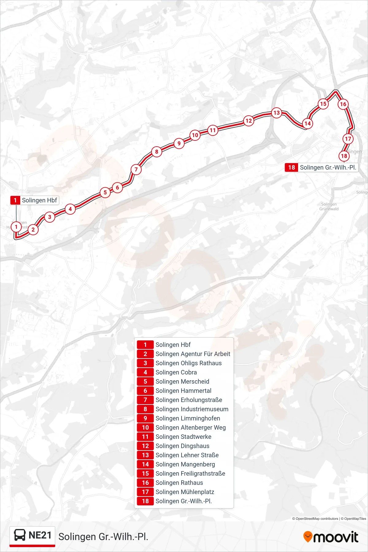 Linie NE21 (Bus) Richtung Solingen Gr.-Wilh.-Pl.: Route und Haltestellen auf der Karte