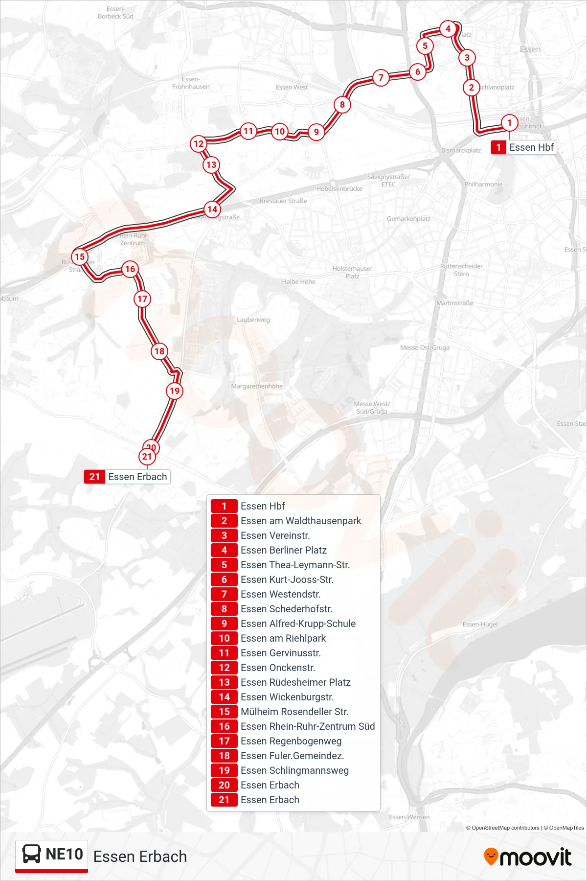 Linie NE10 (Bus) Richtung Essen Erbach: Route und Haltestellen auf der Karte