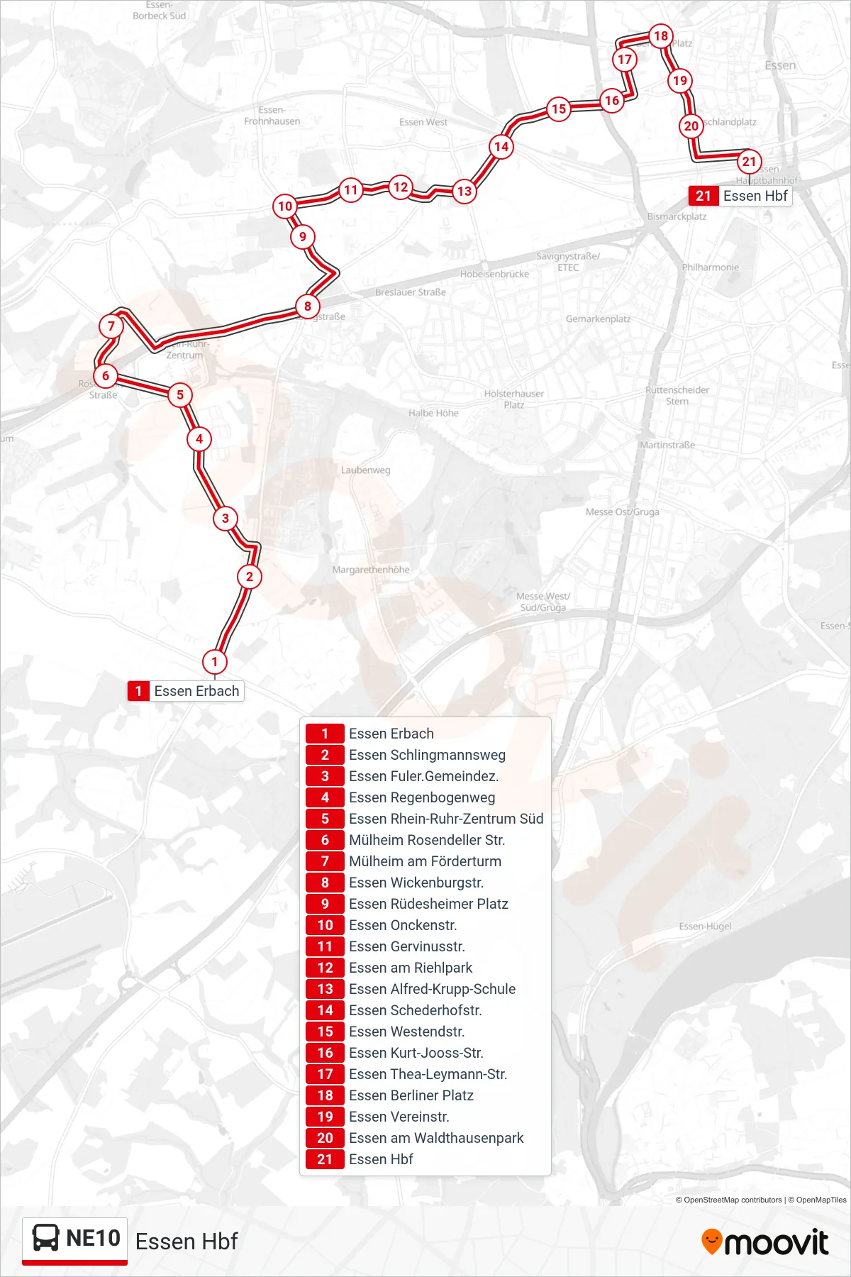 Linie NE10 (Bus) Richtung Essen Hbf: Route und Haltestellen auf der Karte