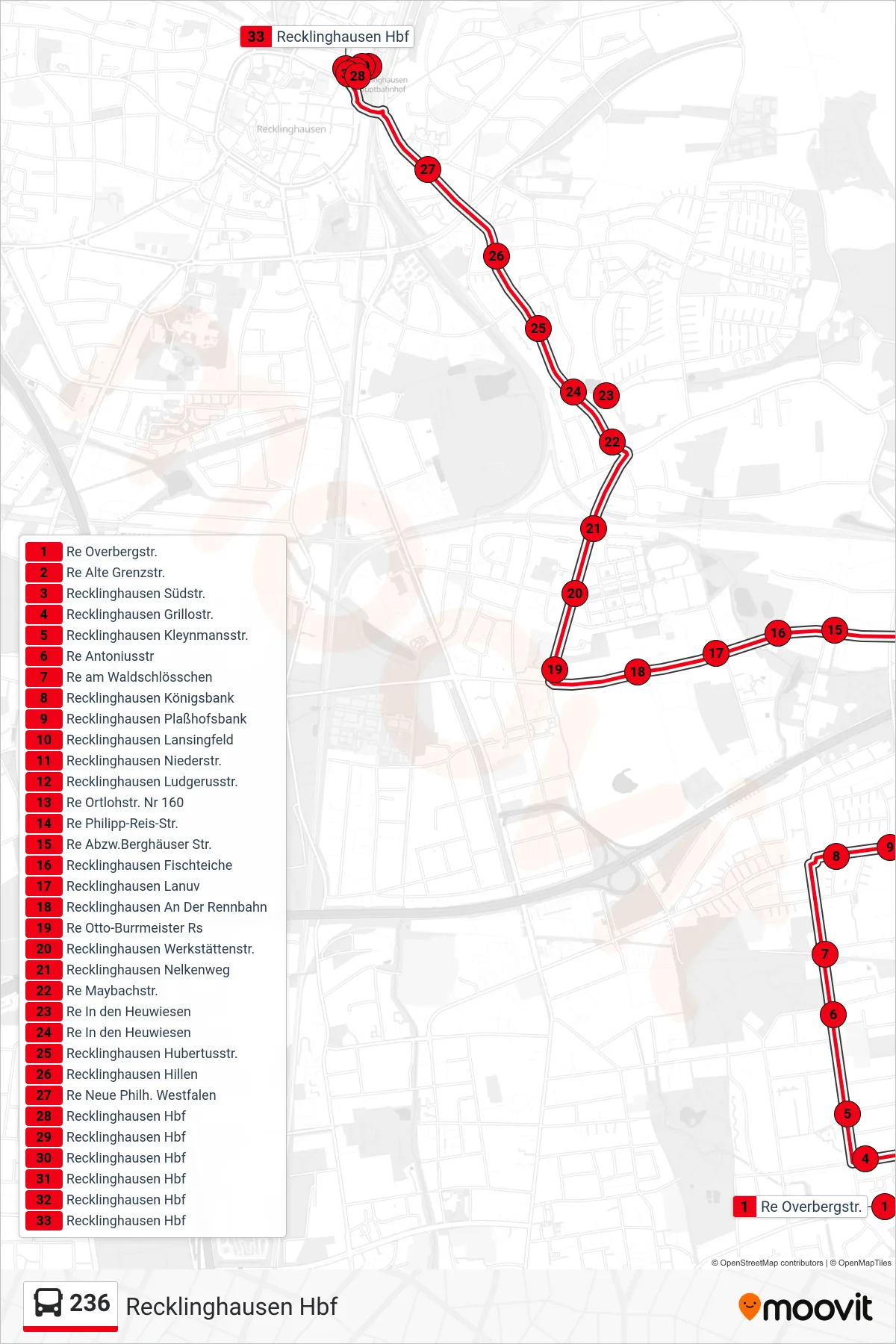 Linie 236 (Bus) Richtung Recklinghausen Hbf: Route und Haltestellen auf der Karte