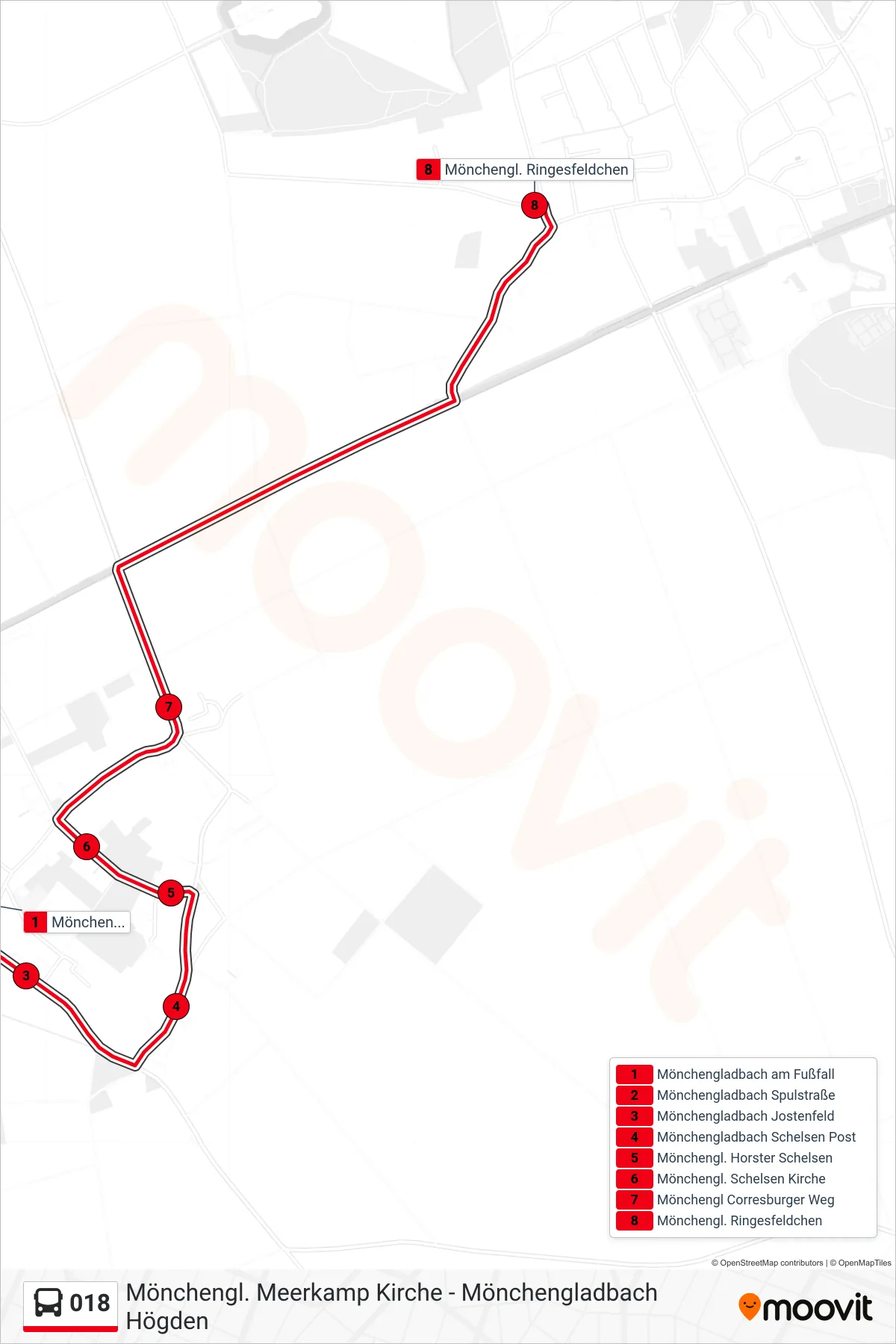 Linie 018 (Bus) Richtung Mönchengl. Ringesfeldchen: Route und Haltestellen auf der Karte