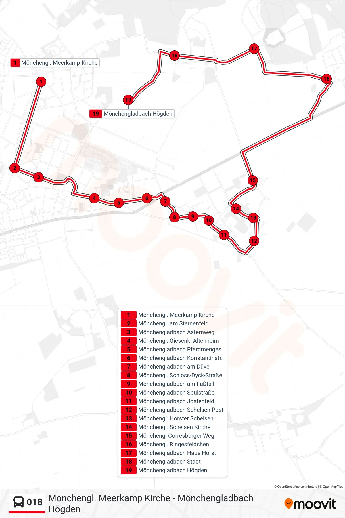 Linie 018 (Bus) Richtung Mönchengladbach Högden: Route und Haltestellen auf der Karte