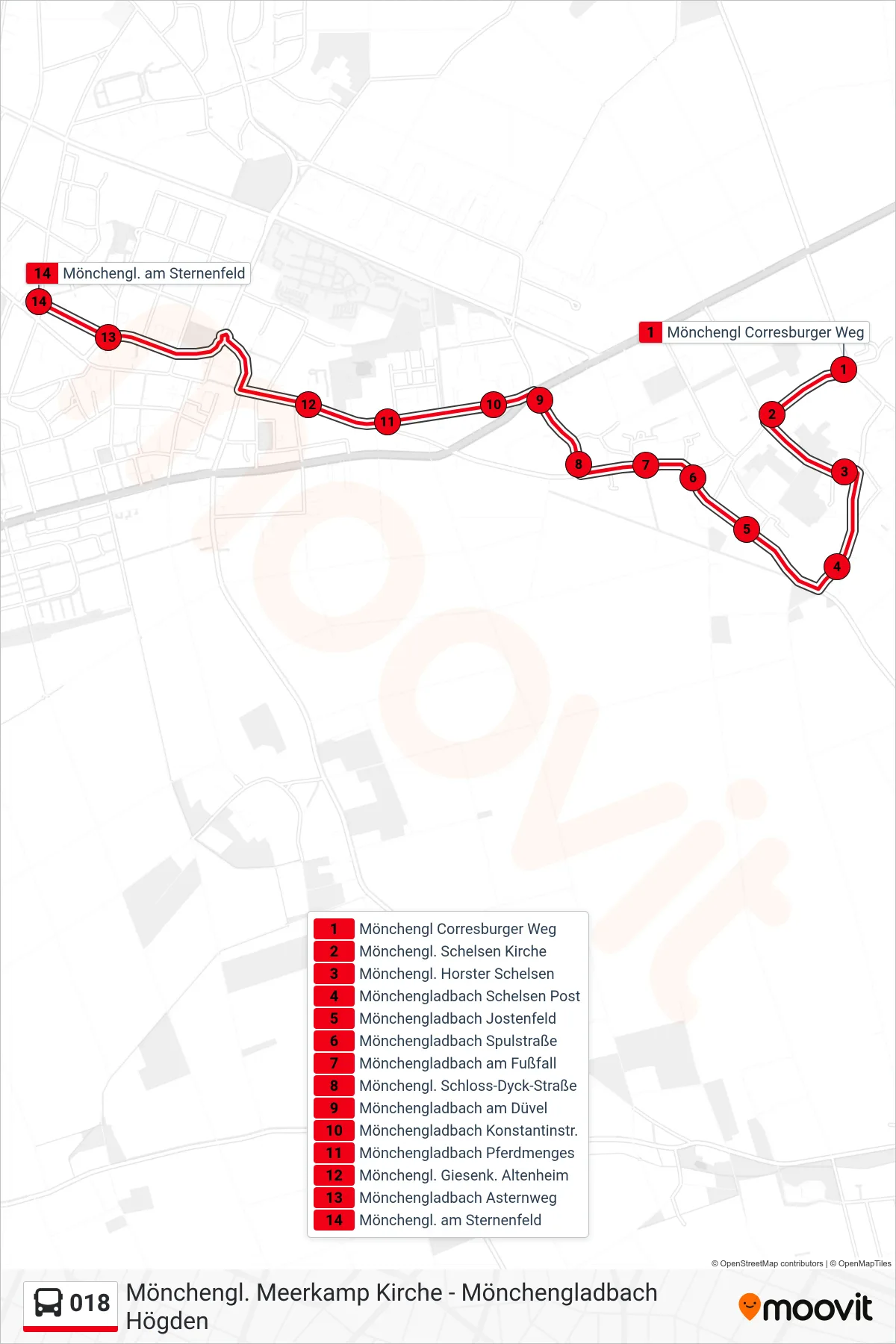 Linie 018 (Bus) Richtung Mönchengl. am Sternenfeld: Route und Haltestellen auf der Karte