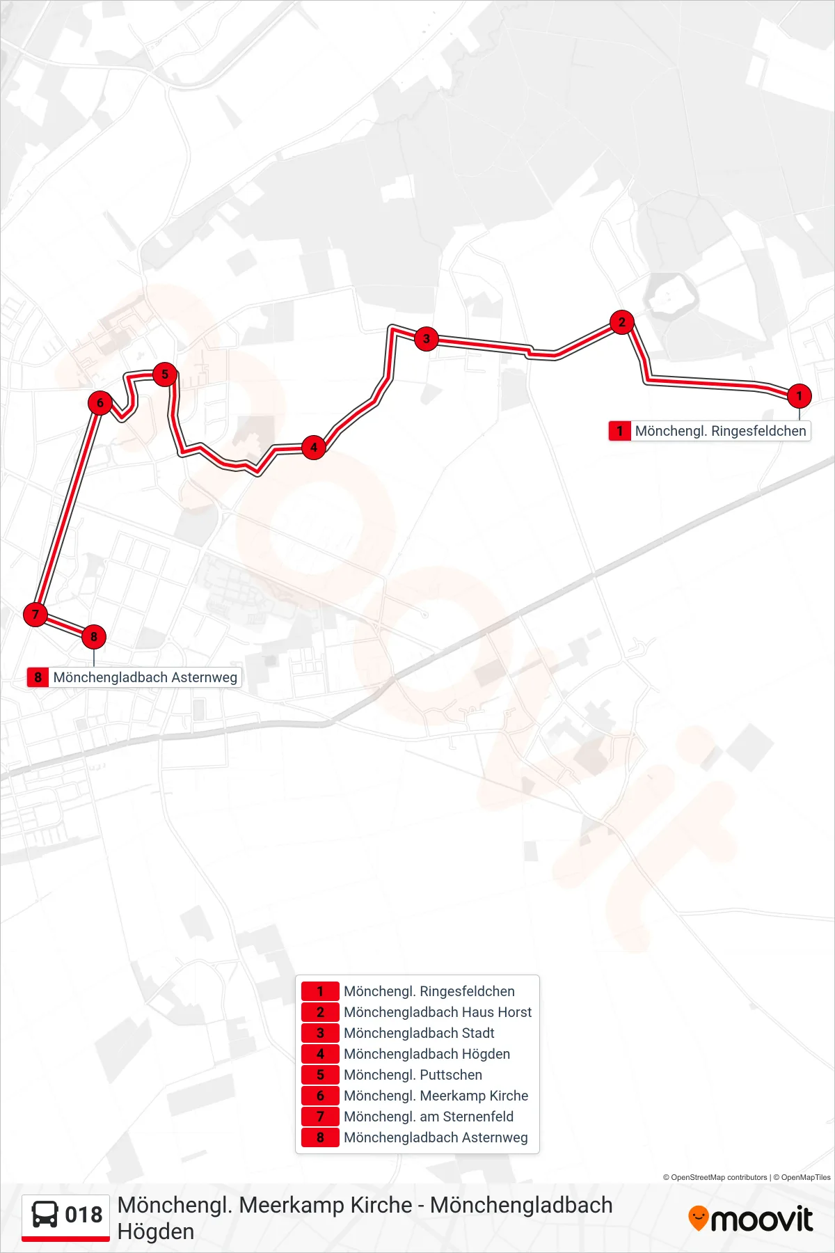 Linie 018 (Bus) Richtung Mönchengladbach Asternweg: Route und Haltestellen auf der Karte