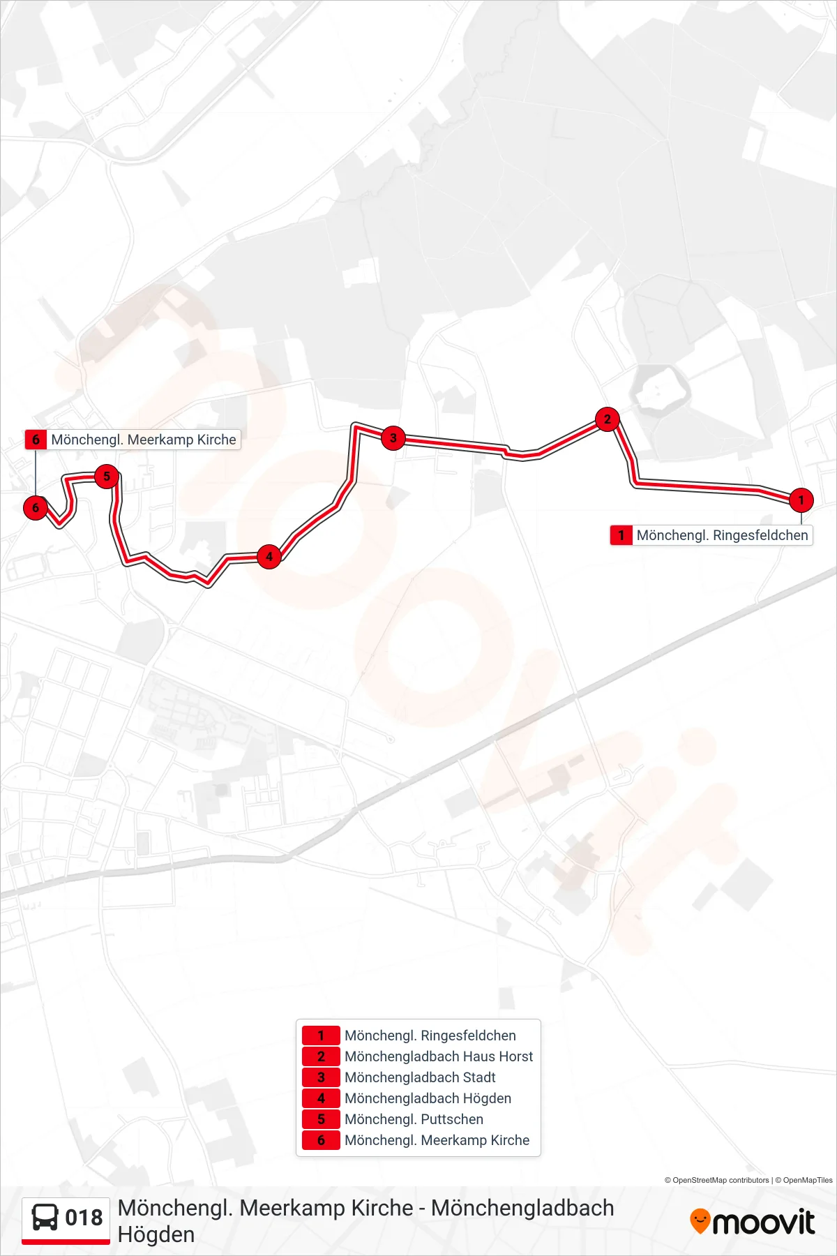 Linie 018 (Bus) Richtung Mönchengl. Meerkamp Kirche: Route und Haltestellen auf der Karte