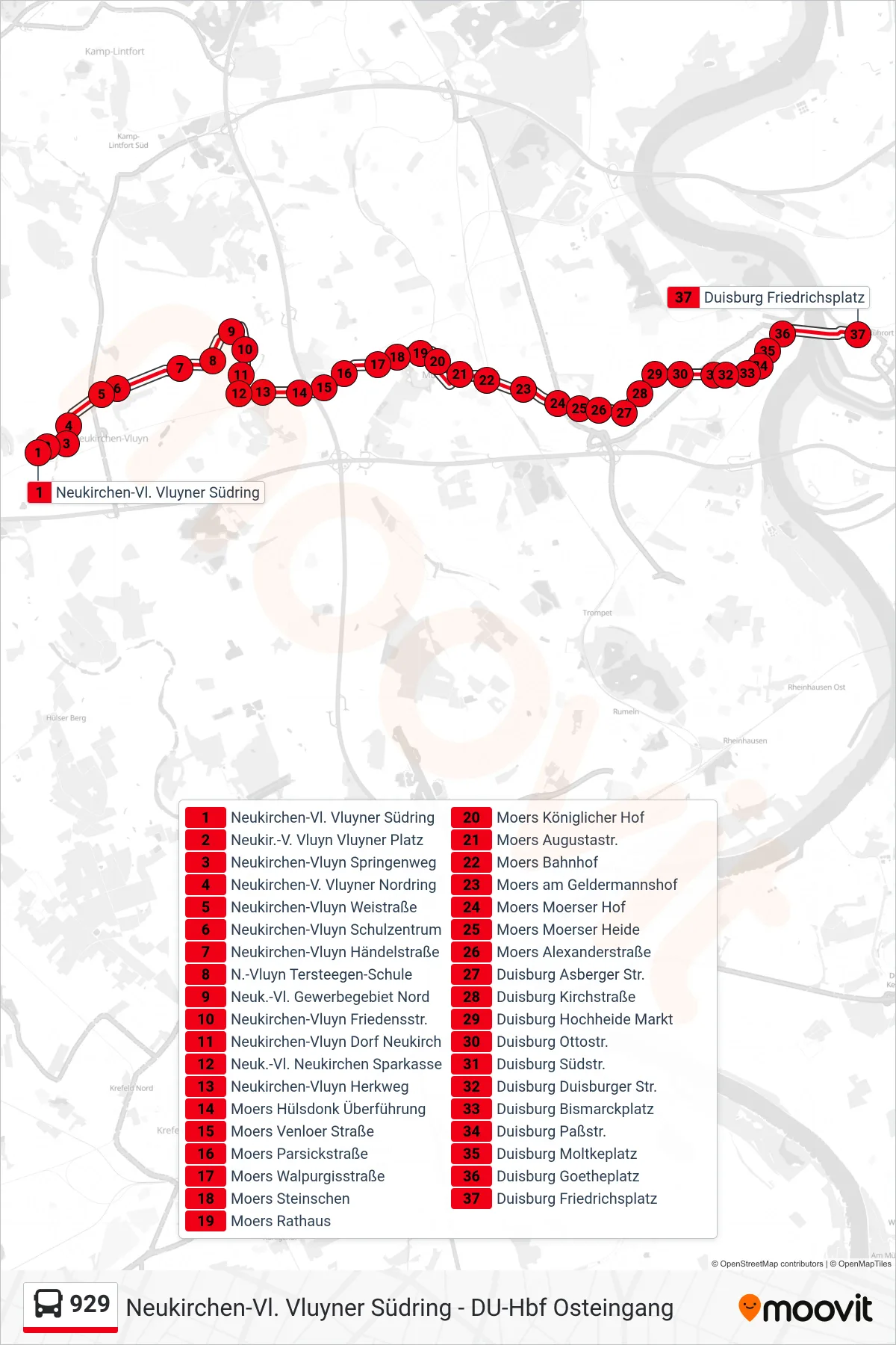 Linie 929 (Bus) Richtung Duisburg Friedrichsplatz: Route und Haltestellen auf der Karte