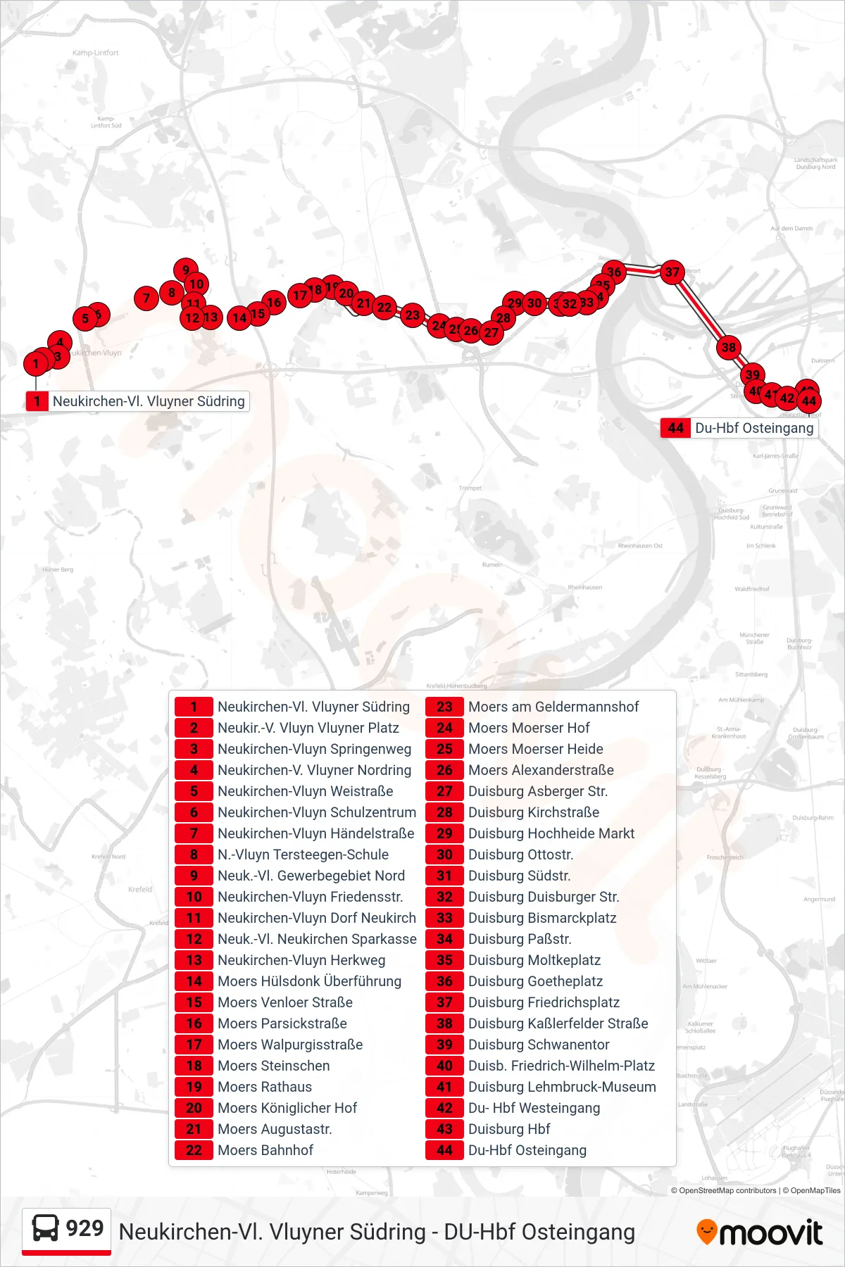 929 bus Line (Du-Hbf Osteingang) route and stops on a map