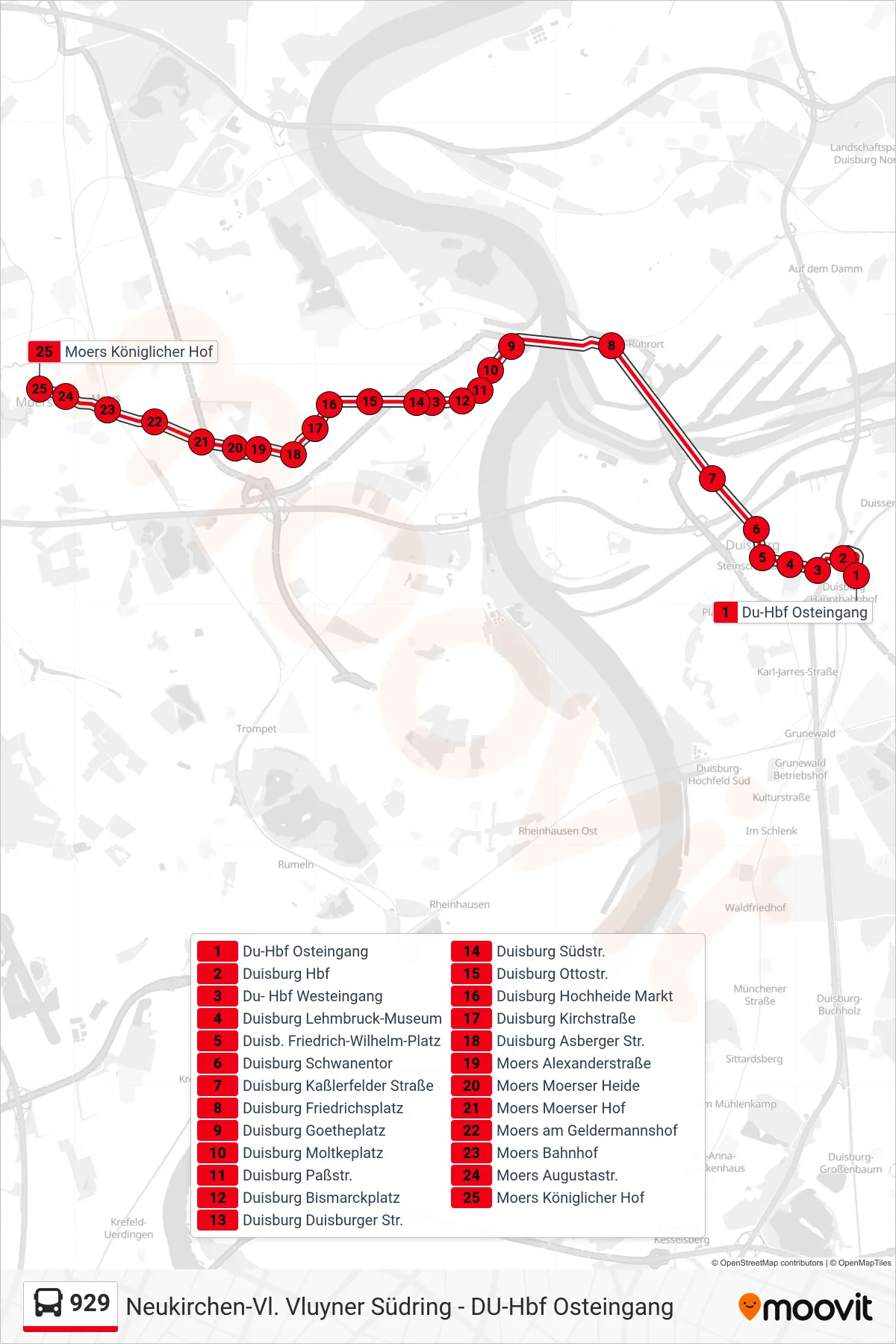 929 bus Line (Moers Königlicher Hof) route and stops on a map