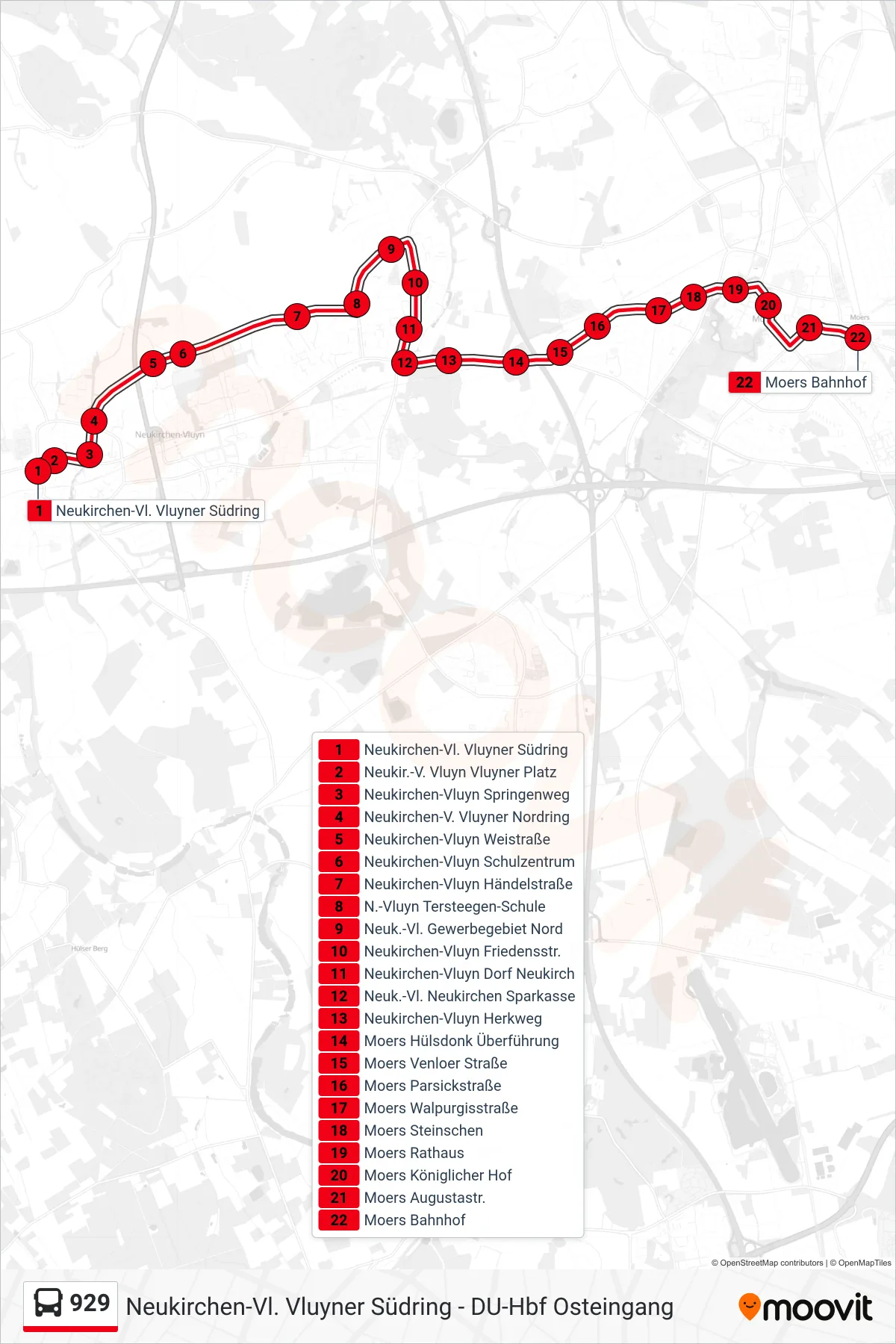 Linie 929 (Bus) Richtung Moers Bahnhof: Route und Haltestellen auf der Karte