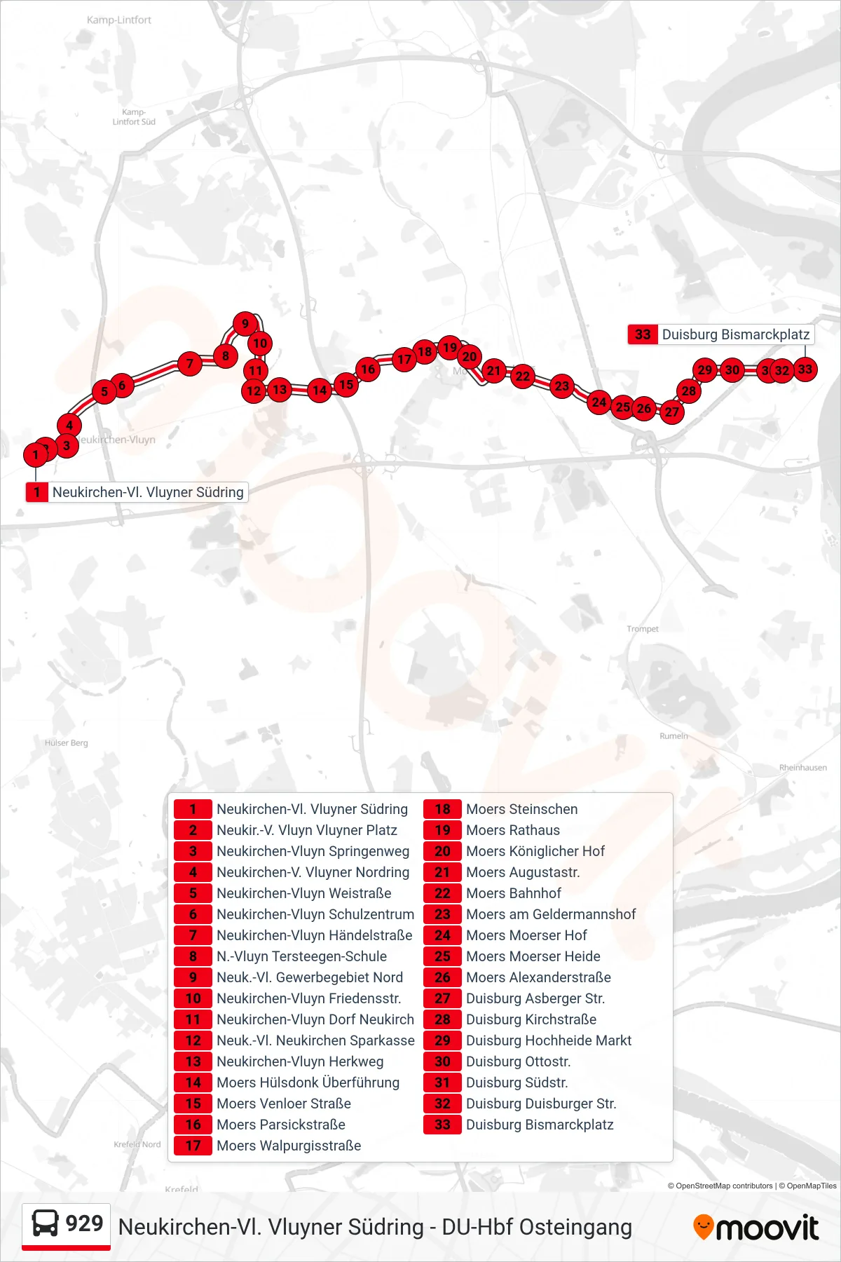 Linie 929 (Bus) Richtung Duisburg Bismarckplatz: Route und Haltestellen auf der Karte