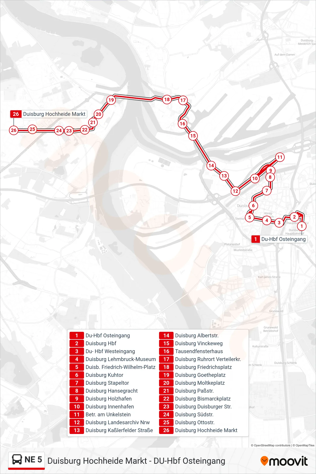 NE 5 bus Line (Duisburg Hochheide Markt) route and stops on a map